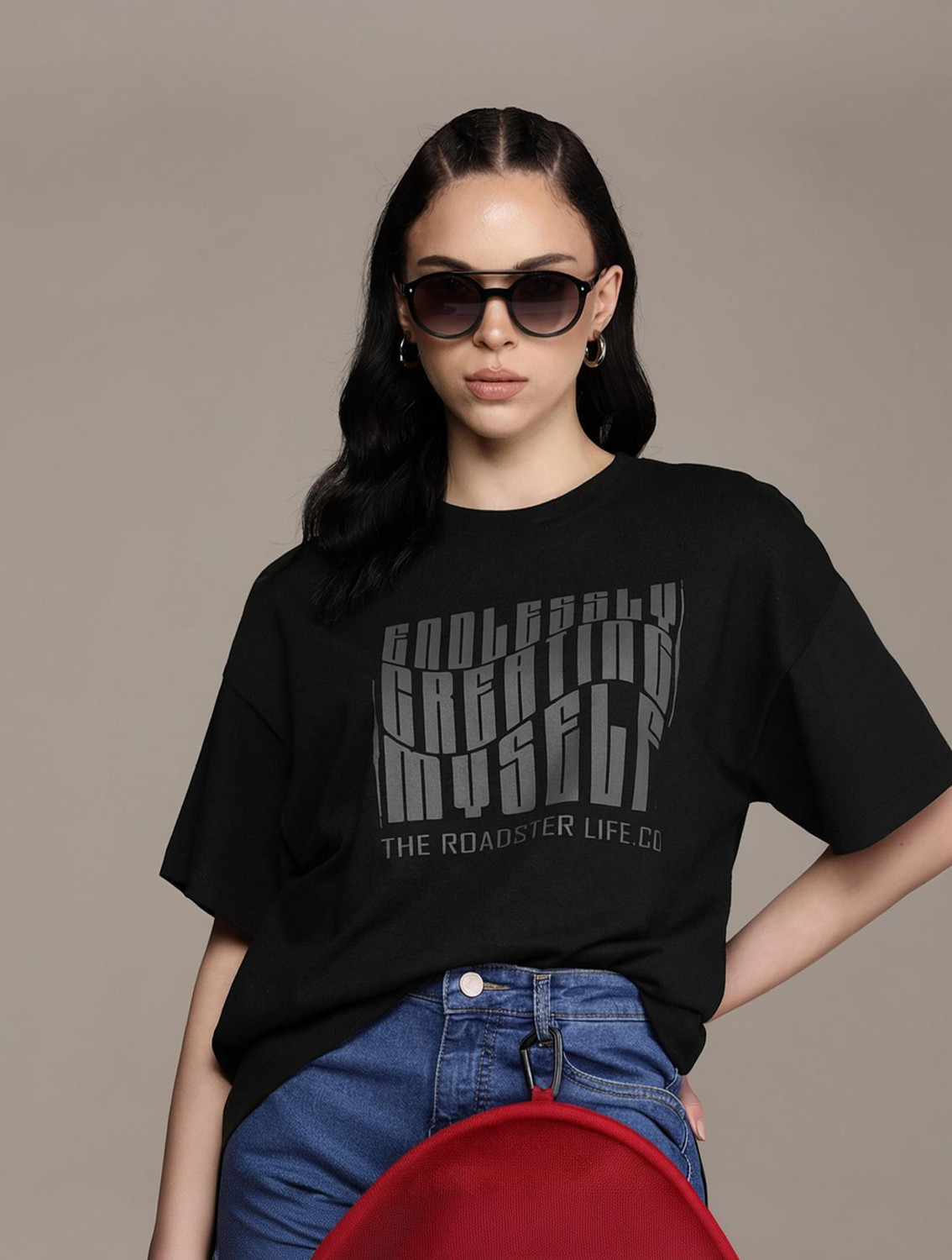 Image of Roadster Women Printed Round Neck Cotton Blend Black T-Shirt