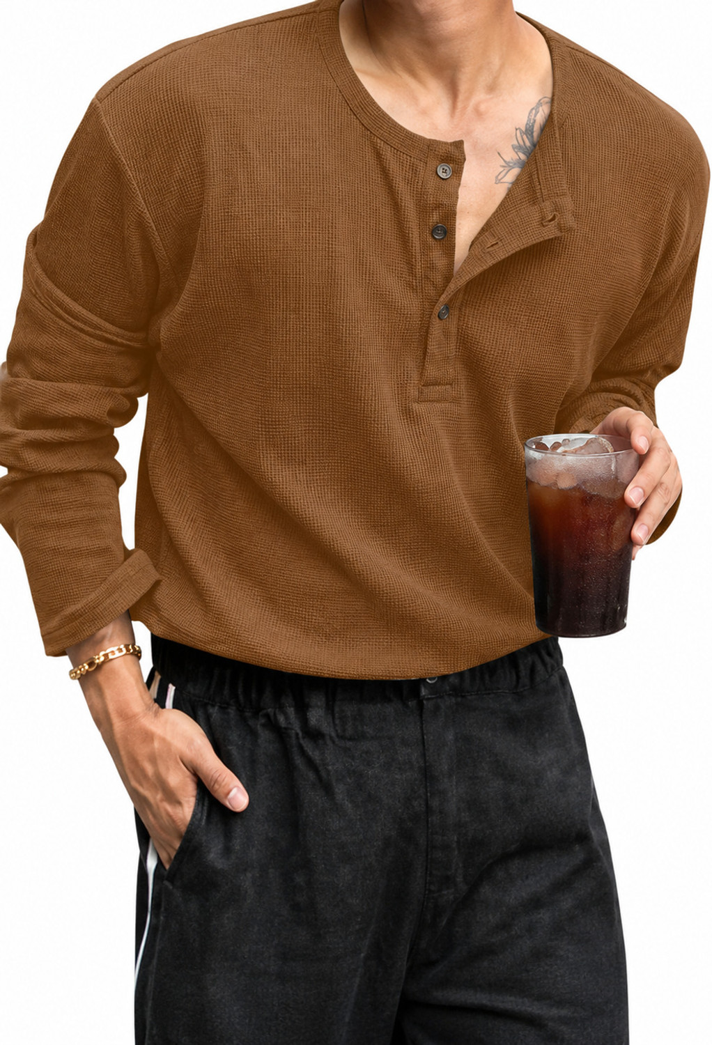 sti Solid Men Henley Neck Beige T-Shirt - Image 1