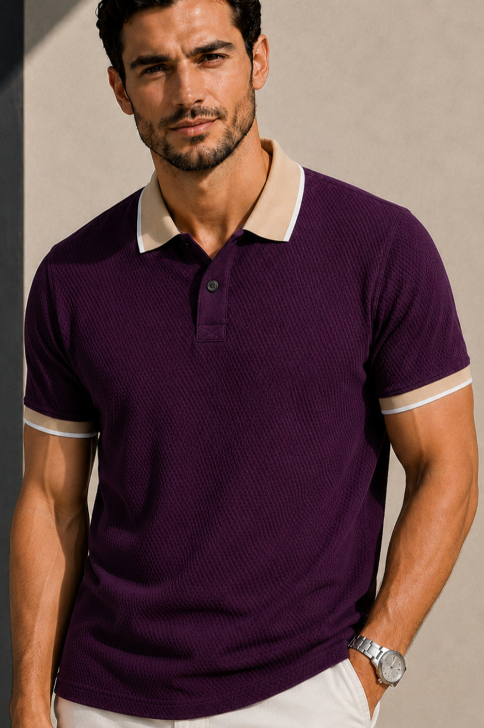 Image of TRIPR Men Solid Mandarin Collar Cotton Blend Navy Blue T-Shirt