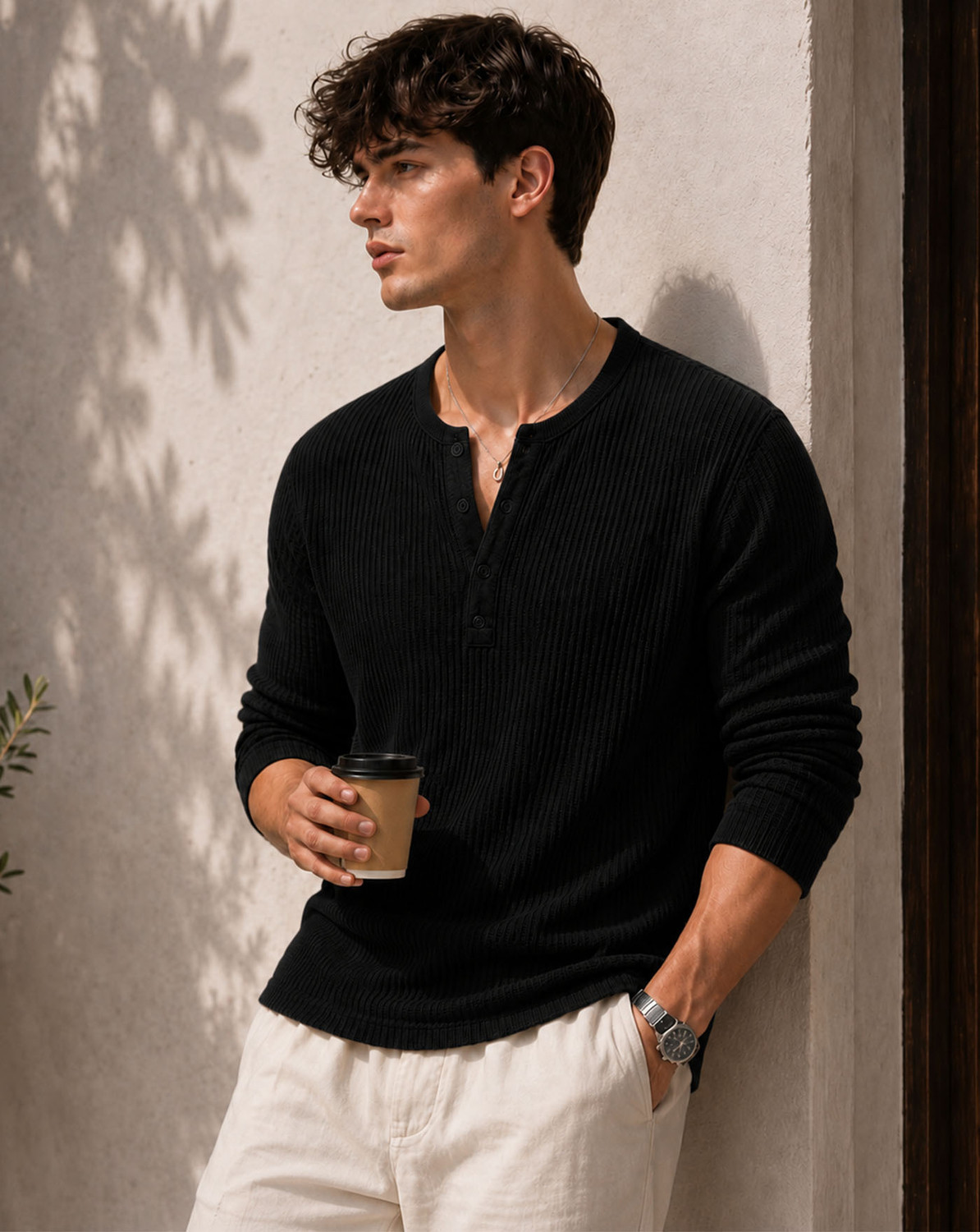 AUSK Solid Men Henley Neck Black T-Shirt - Image 5
