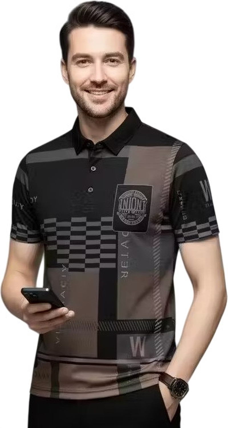 Image of AUSK Men Checkered Polo Neck Cotton Blend Black, Grey T-Shirt