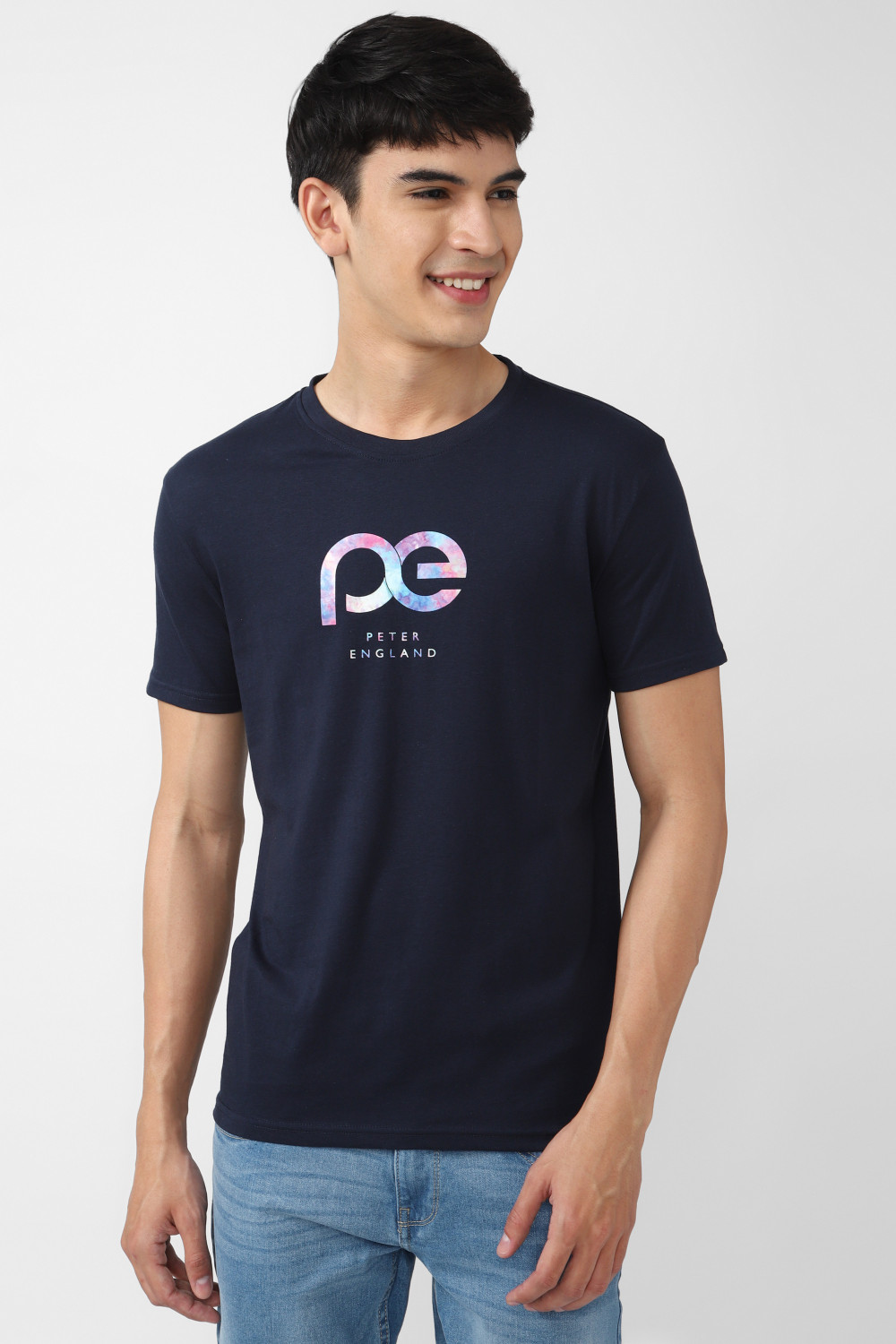 Image of PETER ENGLAND Men Solid Round Neck Polycotton Dark Blue T-Shirt