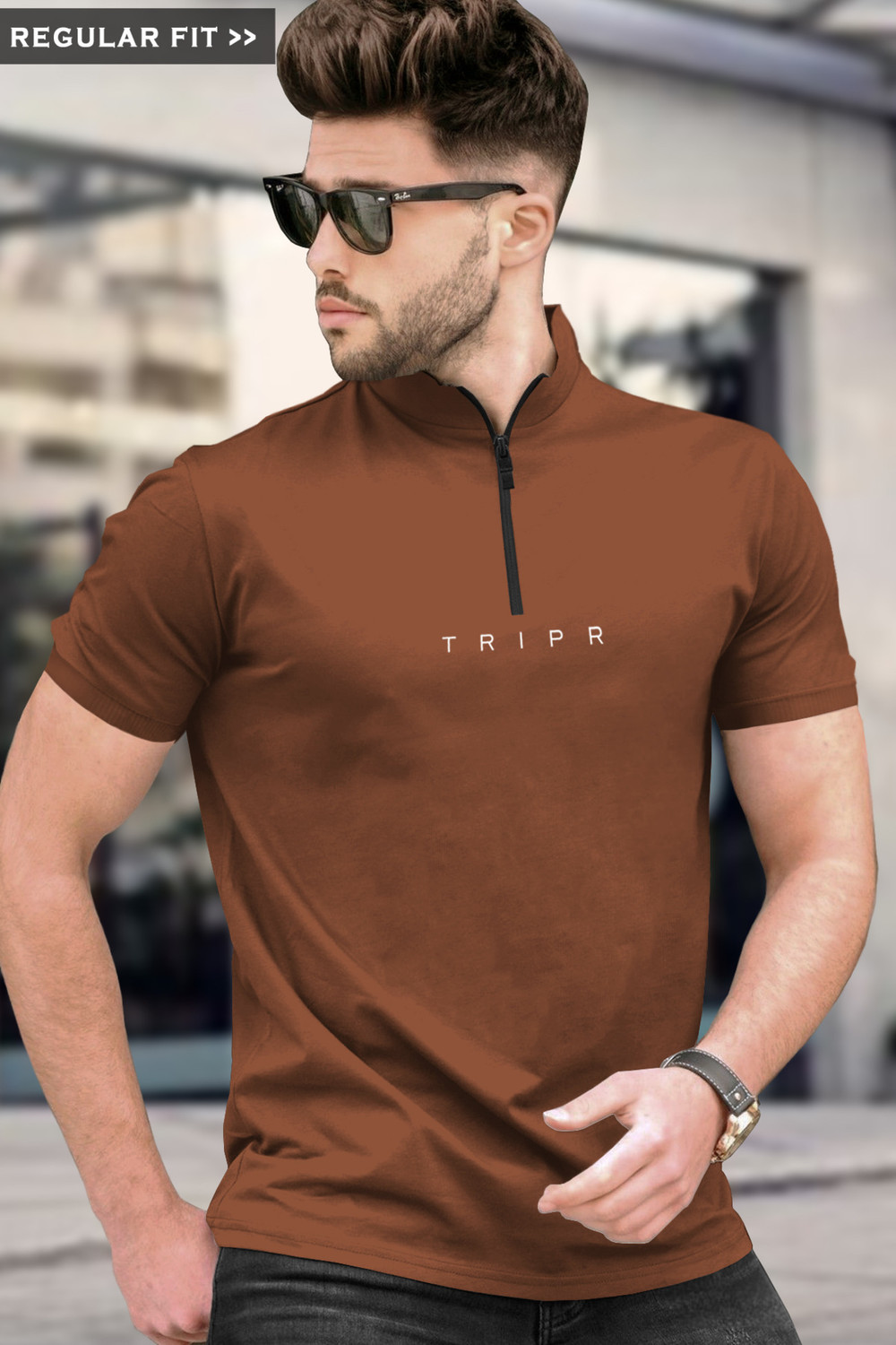 Image of TRIPR Men Solid Mandarin Collar Cotton Blend Pink T-Shirt