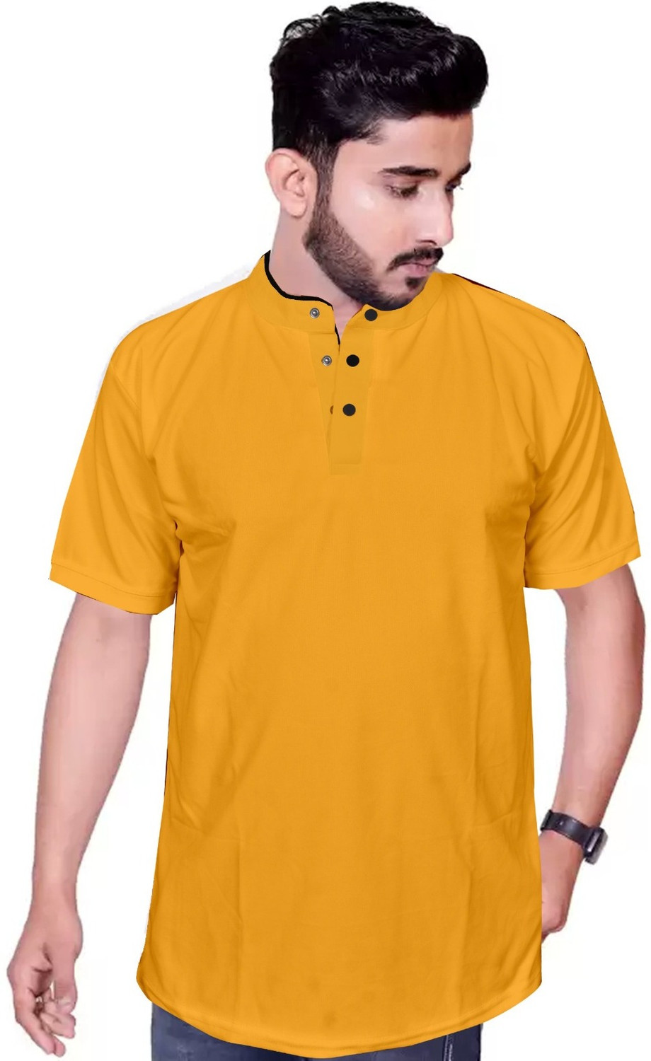 Image of Krivox Men Self Design Mandarin Collar Polyester Yellow T-Shirt