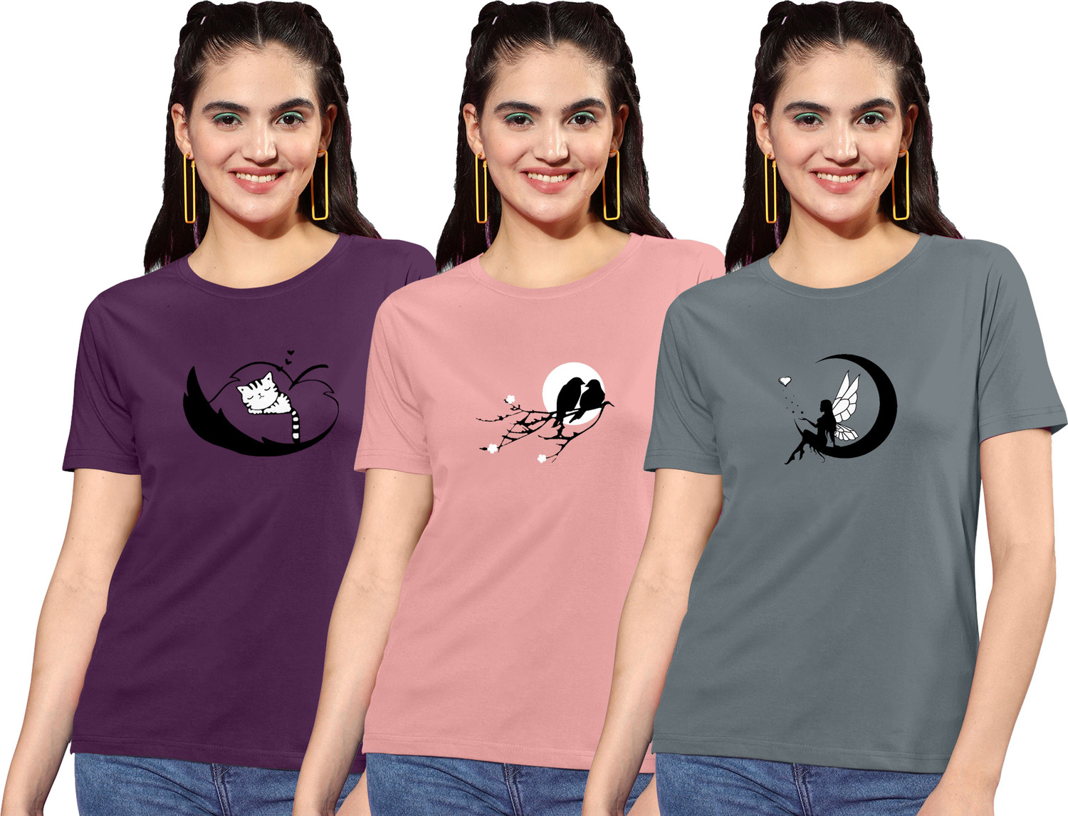 Image of ZentWorld Pack of 3 Women Printed Round Neck Cotton Blend Multicolor T-Shirt