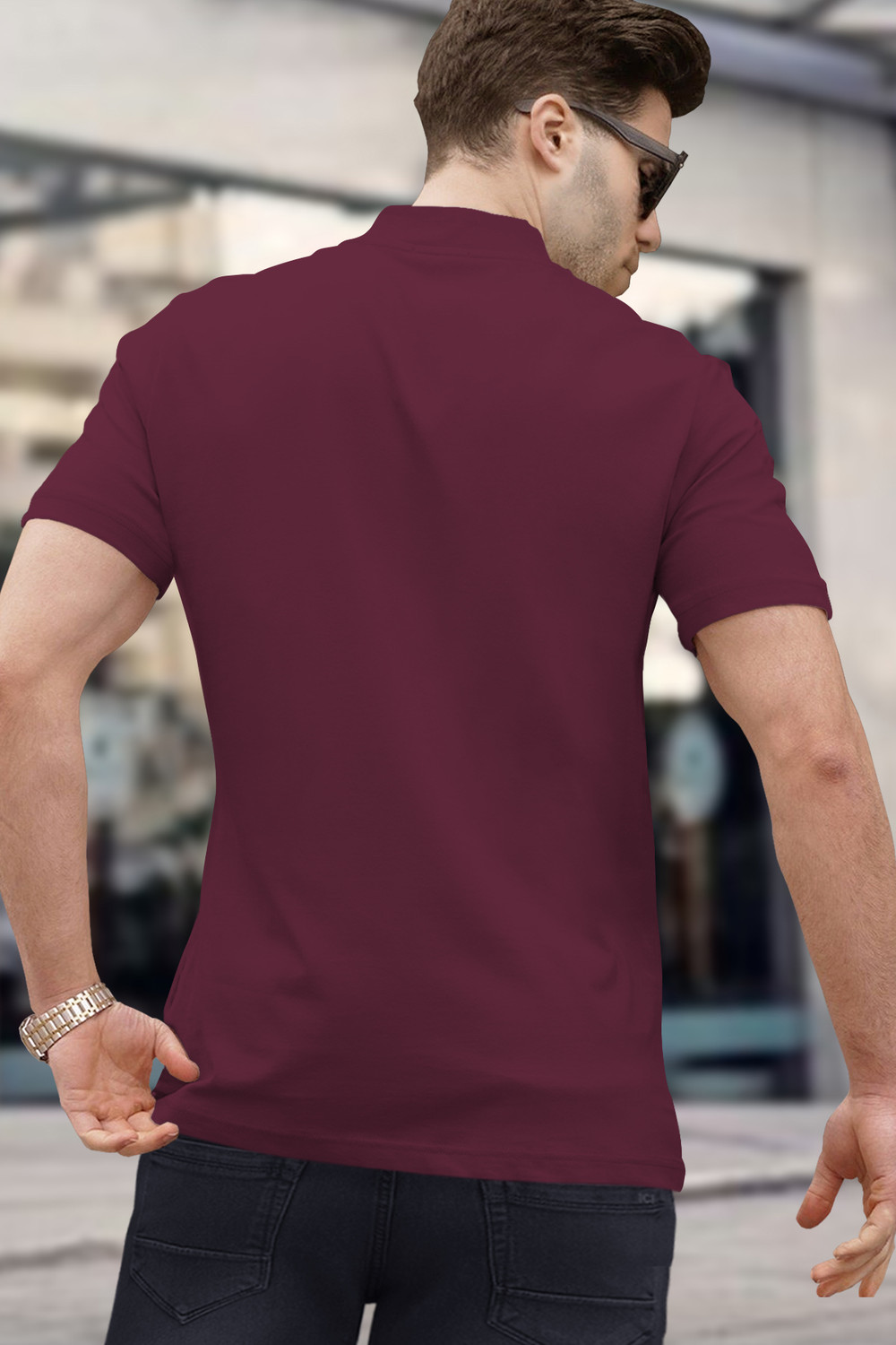 Image of TRIPR Men Solid Mandarin Collar Cotton Blend Maroon T-Shirt