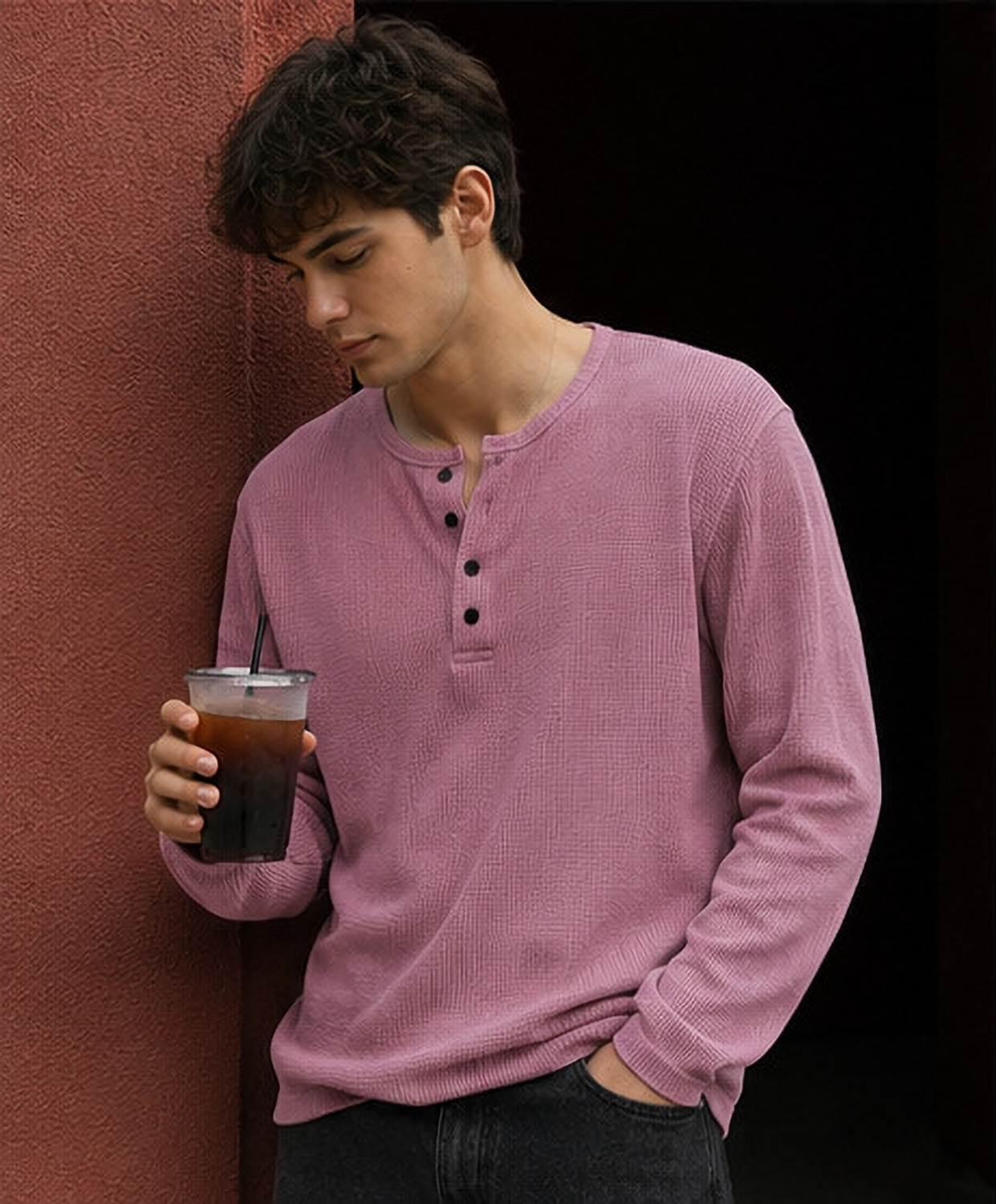 Image of NOOK Men Self Design Henley Neck Cotton Blend Pink T-Shirt