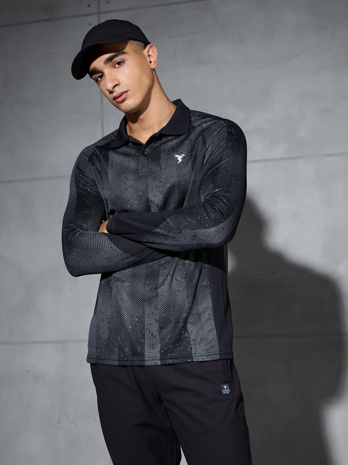 TECHNOSPORT Men Printed Polo Neck Black T-Shirt - Image 1