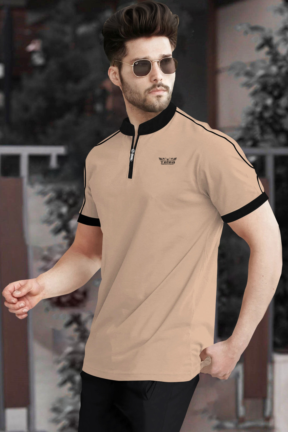 Image of TRIPR Men Solid Mandarin Collar Cotton Blend Beige T-Shirt
