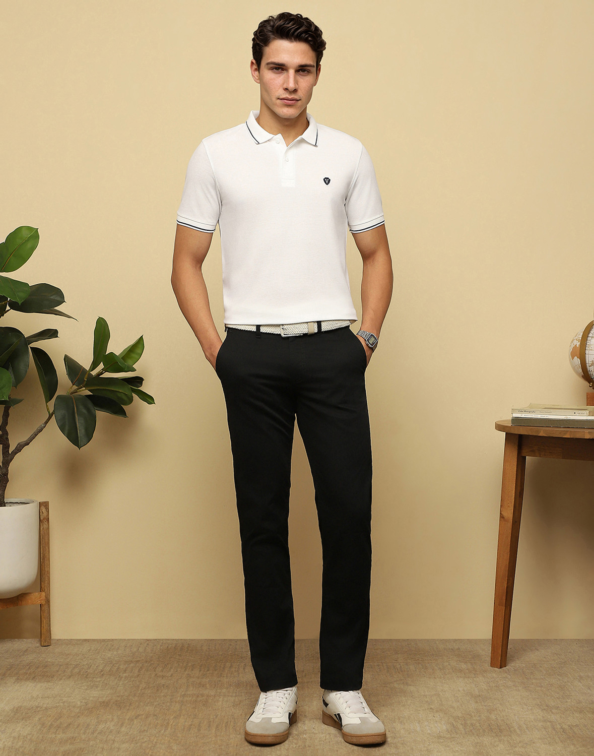 Image of VAN HEUSEN Men Solid Polo Neck Cotton Blend White T-Shirt