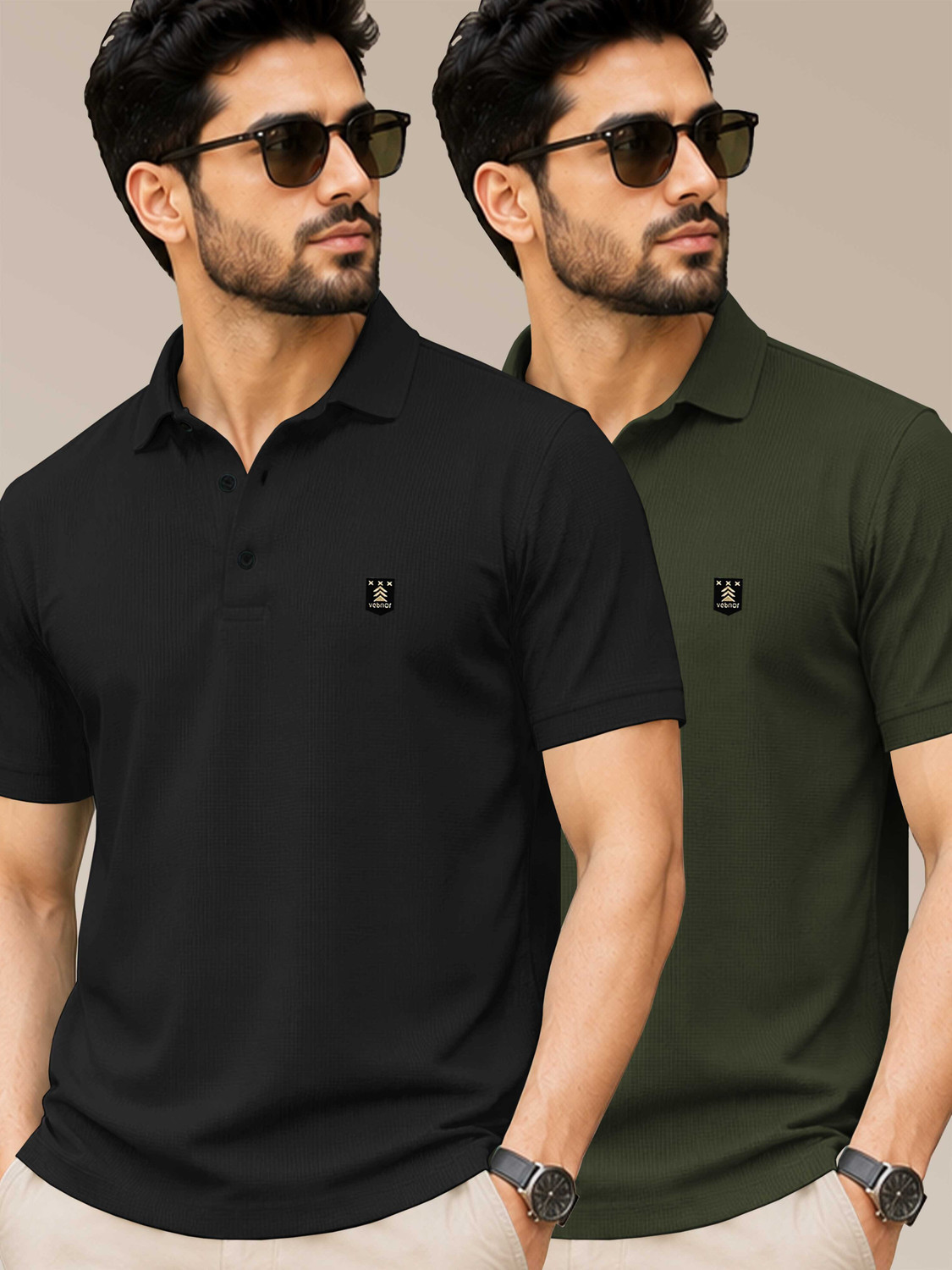 Image of Jump Cuts Men Printed Polo Neck Cotton Blend Beige T-Shirt