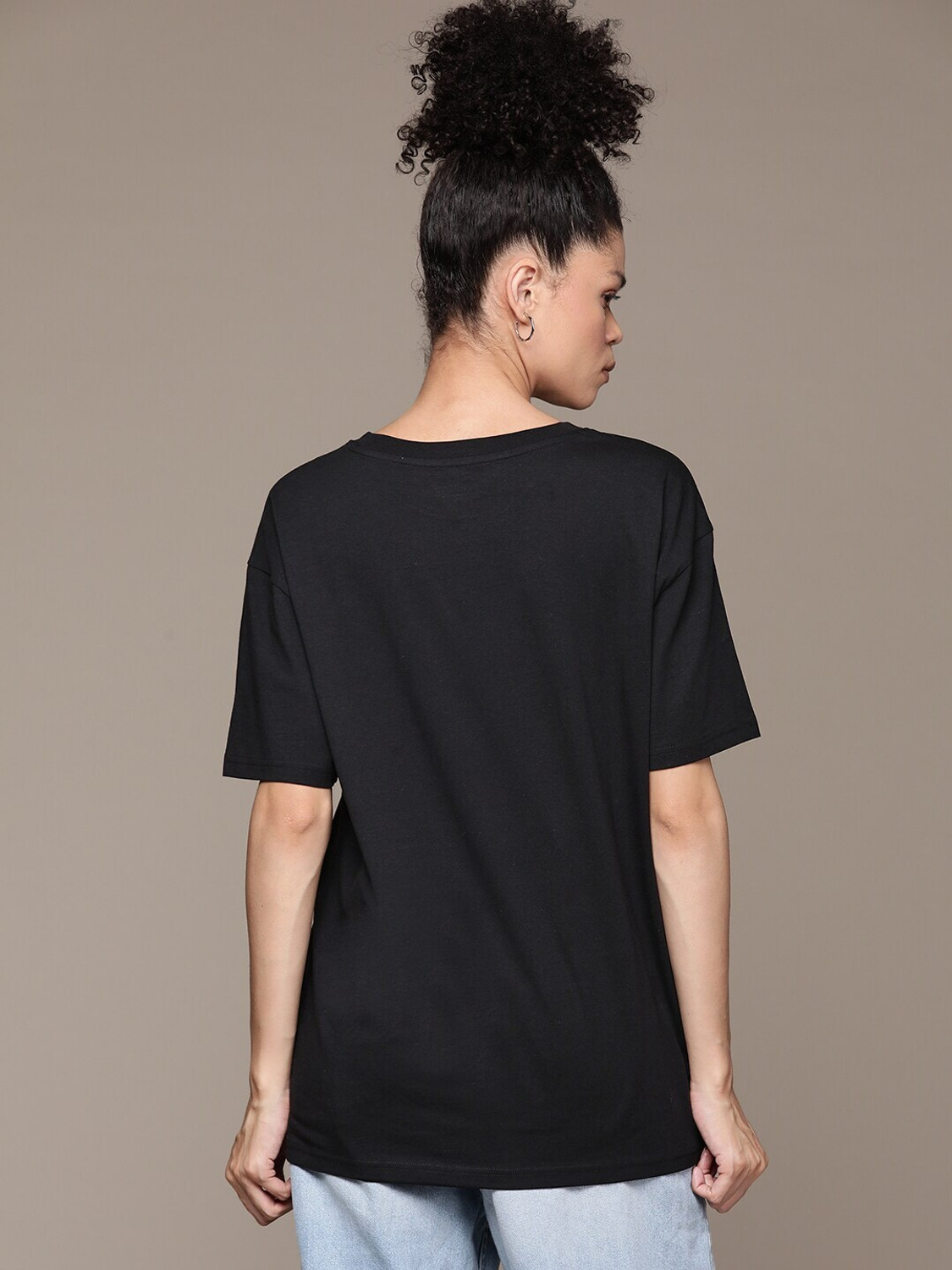 Image of Roadster Women Printed Round Neck Pure Cotton Black T-Shirt