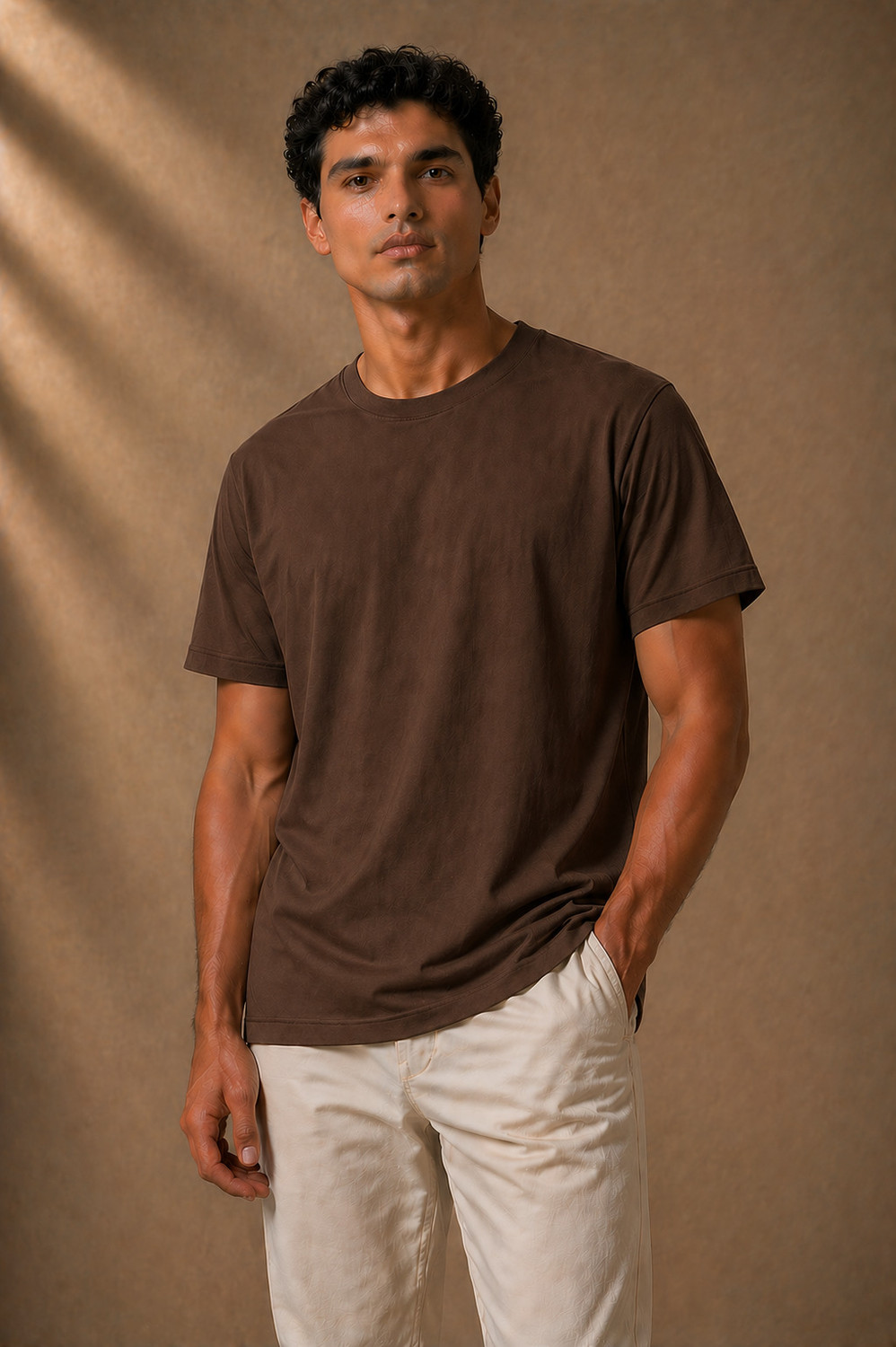 Image of TRIPR Men Solid Mandarin Collar Cotton Blend Dark Green T-Shirt