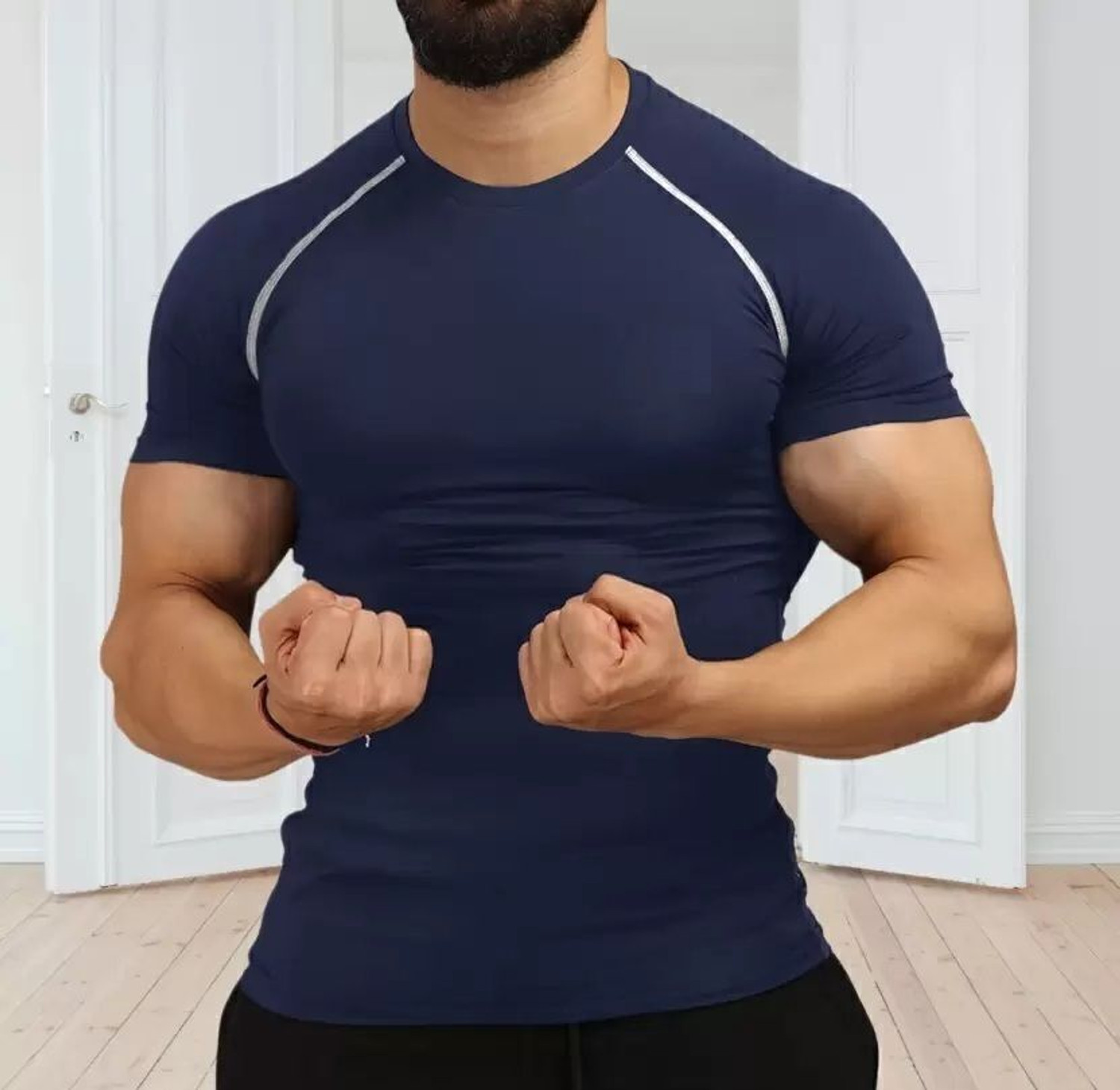 Image of NINQ Pack of 2 Men Sporty Round Neck Polyester Black, Blue T-Shirt