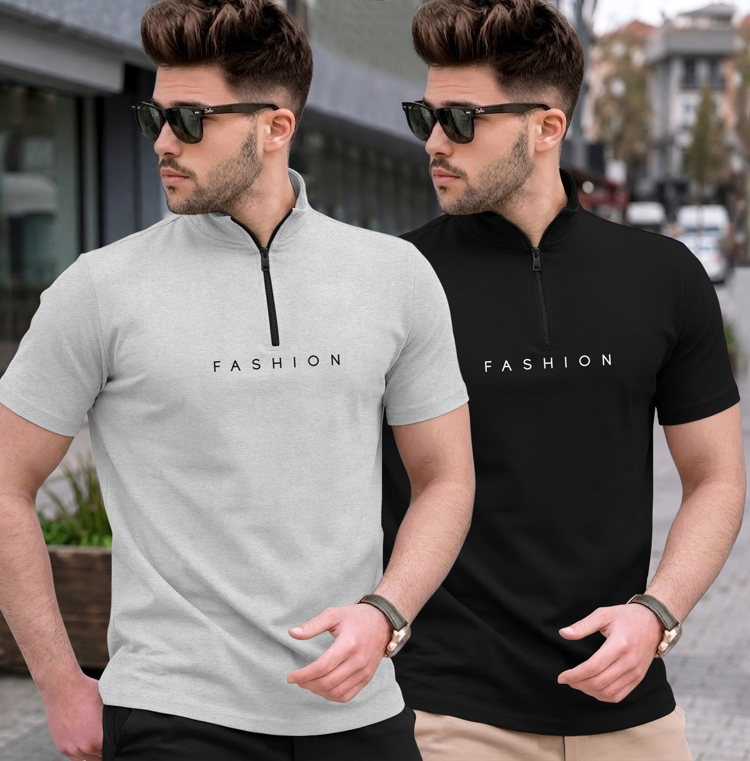 Image of TRIPR Men Solid Mandarin Collar Cotton Blend Pink, Black T-Shirt
