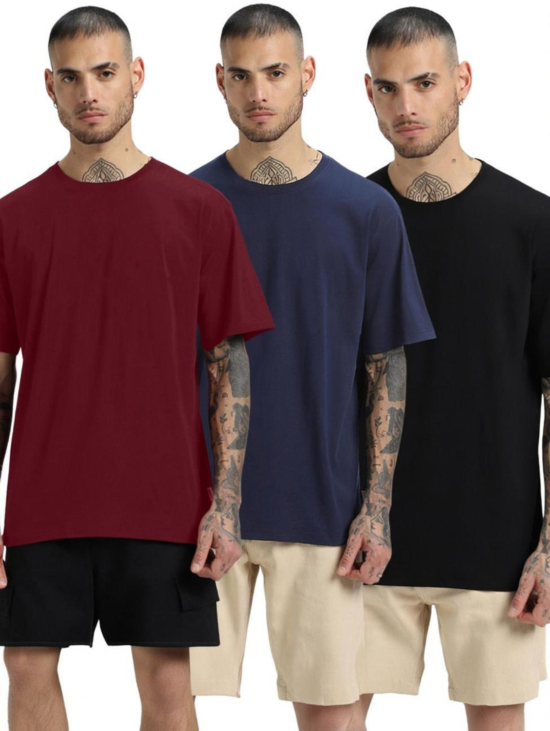 Image of Veirdo Pack of 3 Oversized Men Solid Round Neck Pure Cotton Multicolor T-Shirt