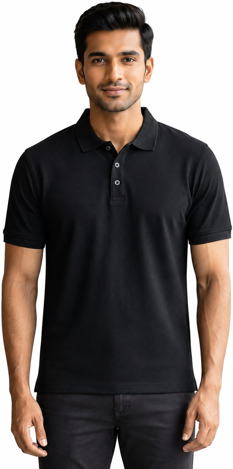 Image of TRIPR Men Solid Mandarin Collar Cotton Blend Black T-Shirt