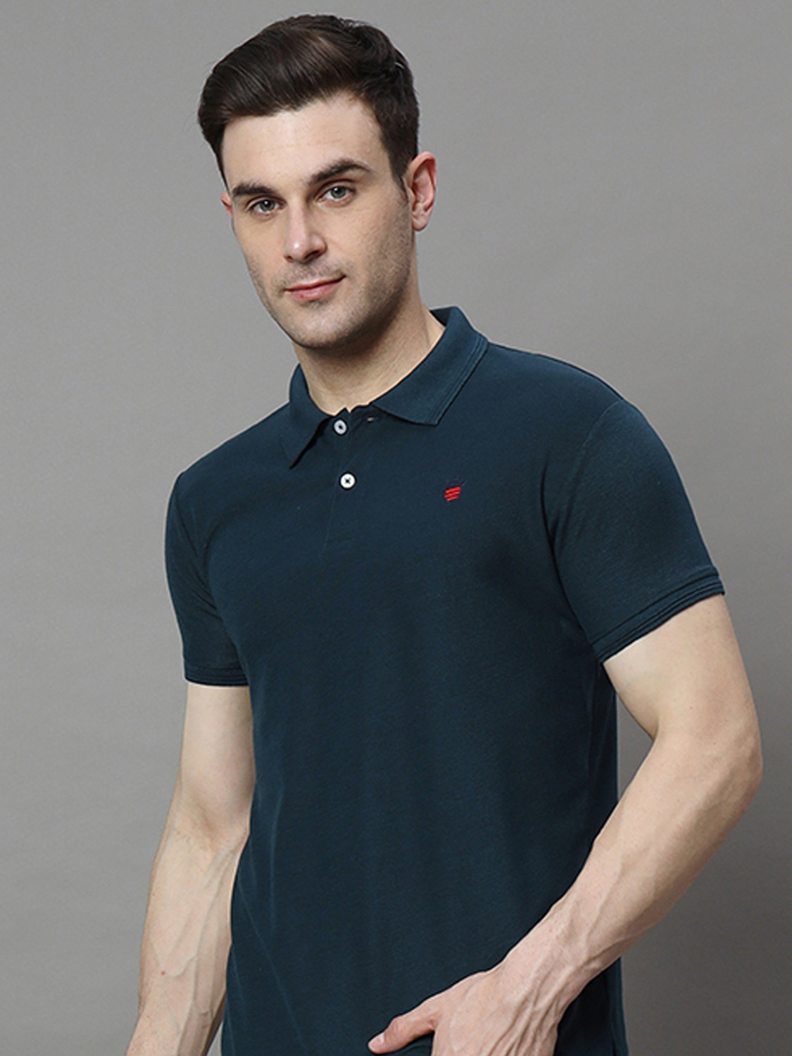 Image of RARHANPREMIUM Men Solid Polo Neck Cotton Blend Blue T-Shirt