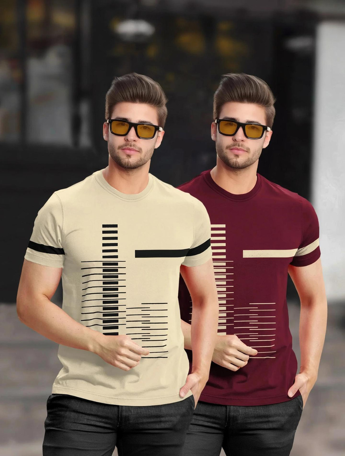 Image of TRIPR Men Solid Mandarin Collar Cotton Blend Beige T-Shirt