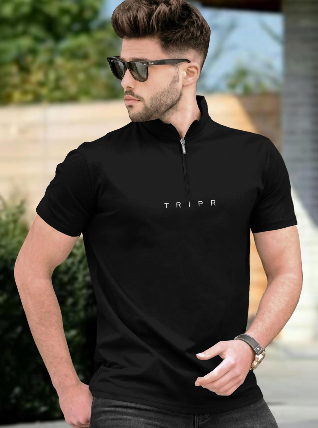 Image of TRIPR Men Solid Mandarin Collar Cotton Blend Green T-Shirt