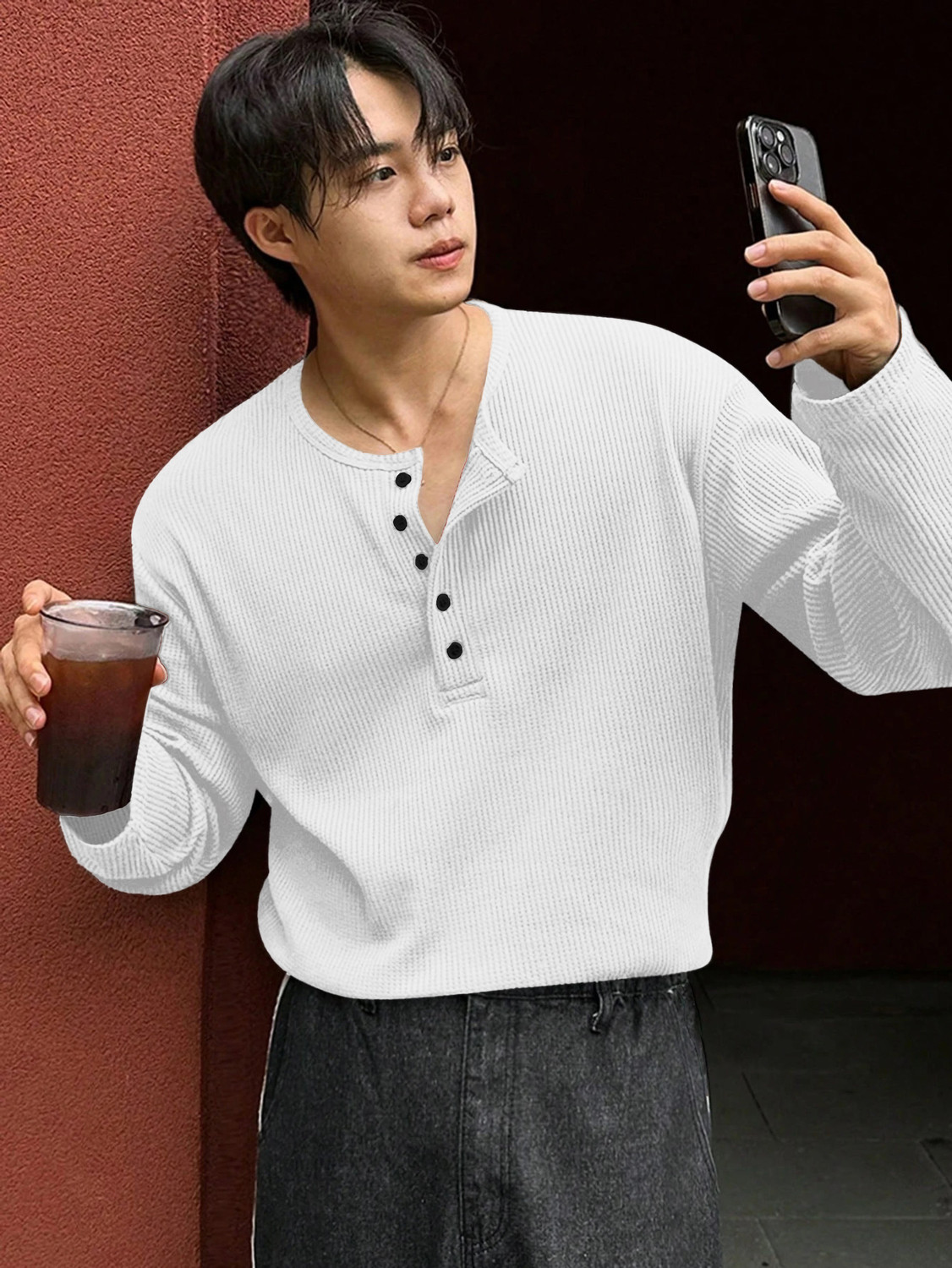 Image of The Modern Soul Men Solid Henley Neck Cotton Blend White T-Shirt