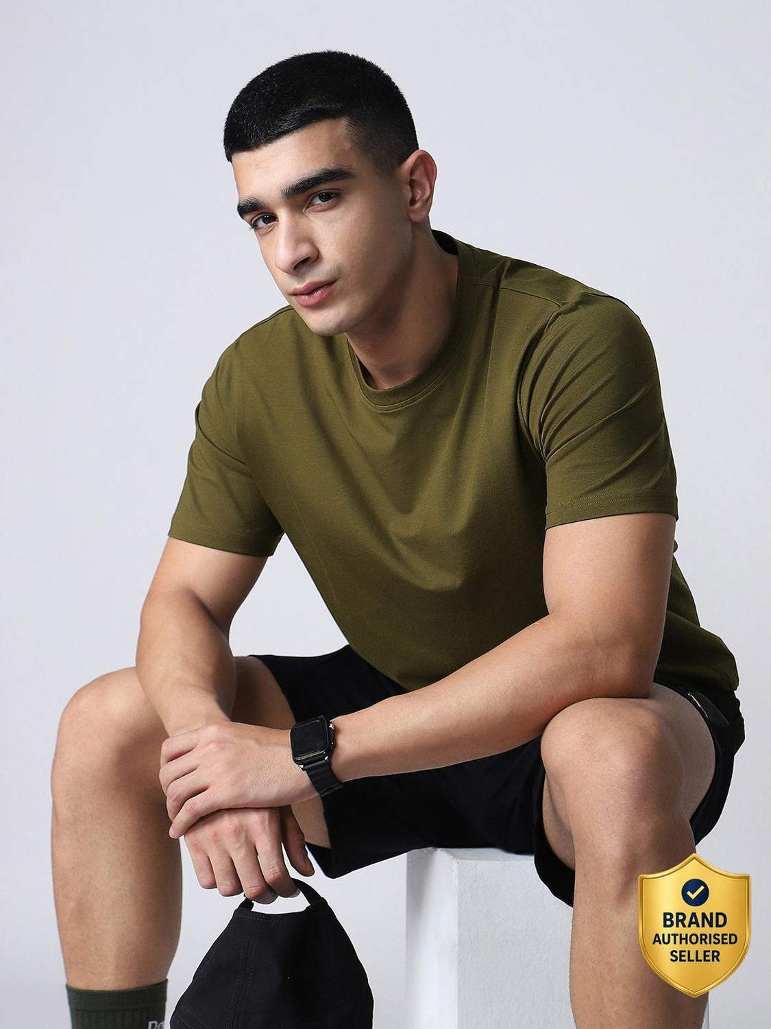 Image of United Colors of Benetton Men Solid High Neck Pure Cotton Navy Blue T-Shirt