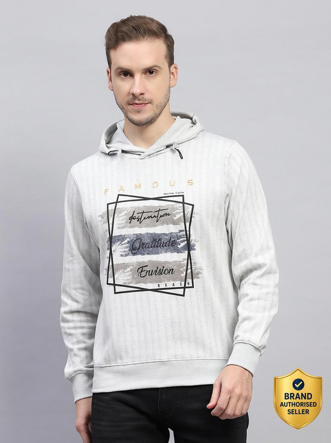 Image of MONTE CARLO Men Printed Hooded Neck Cotton Blend Grey T-Shirt