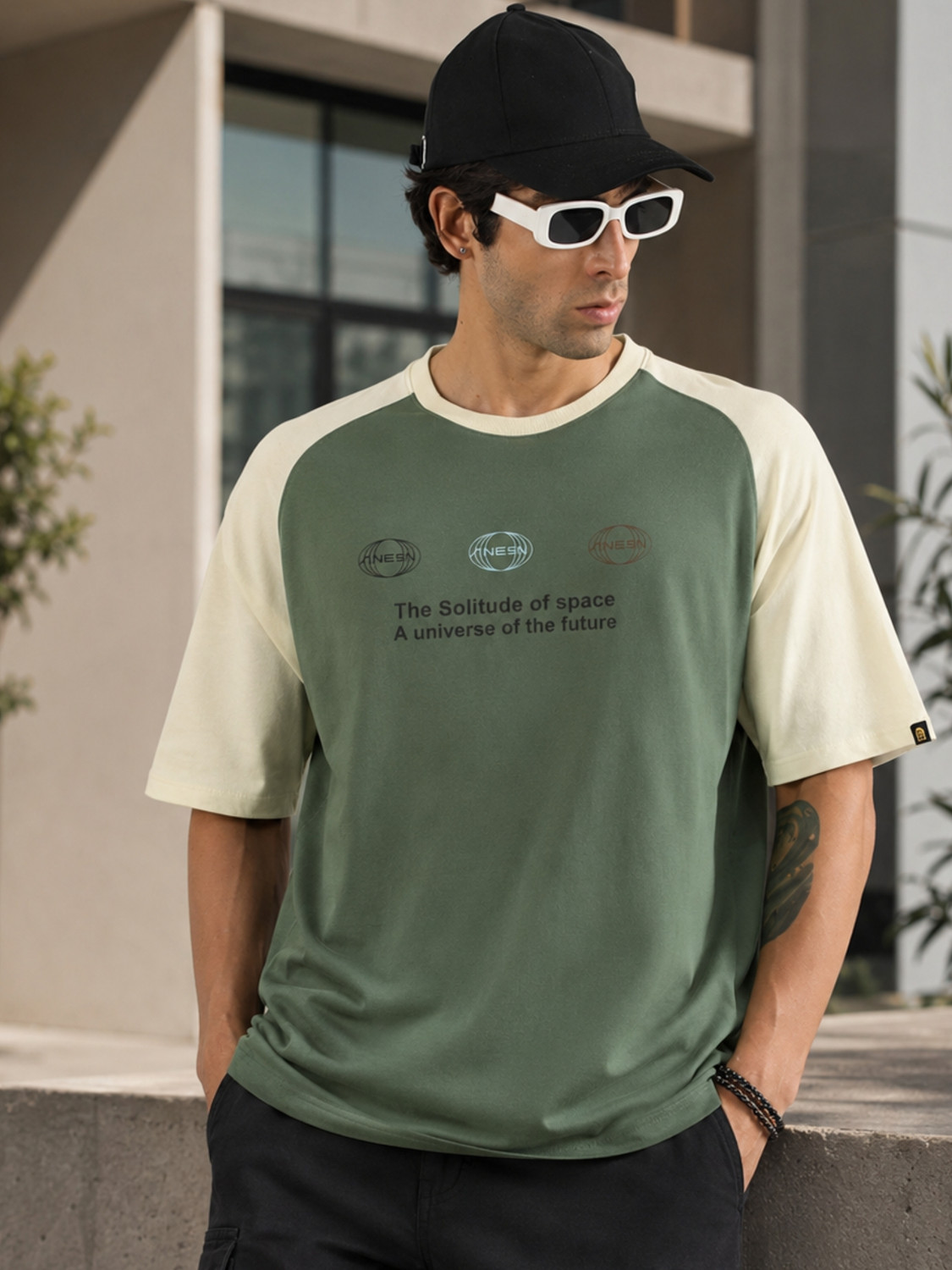 Image of NOBERO Men Graphic Print Crew Neck Pure Cotton Beige T-Shirt
