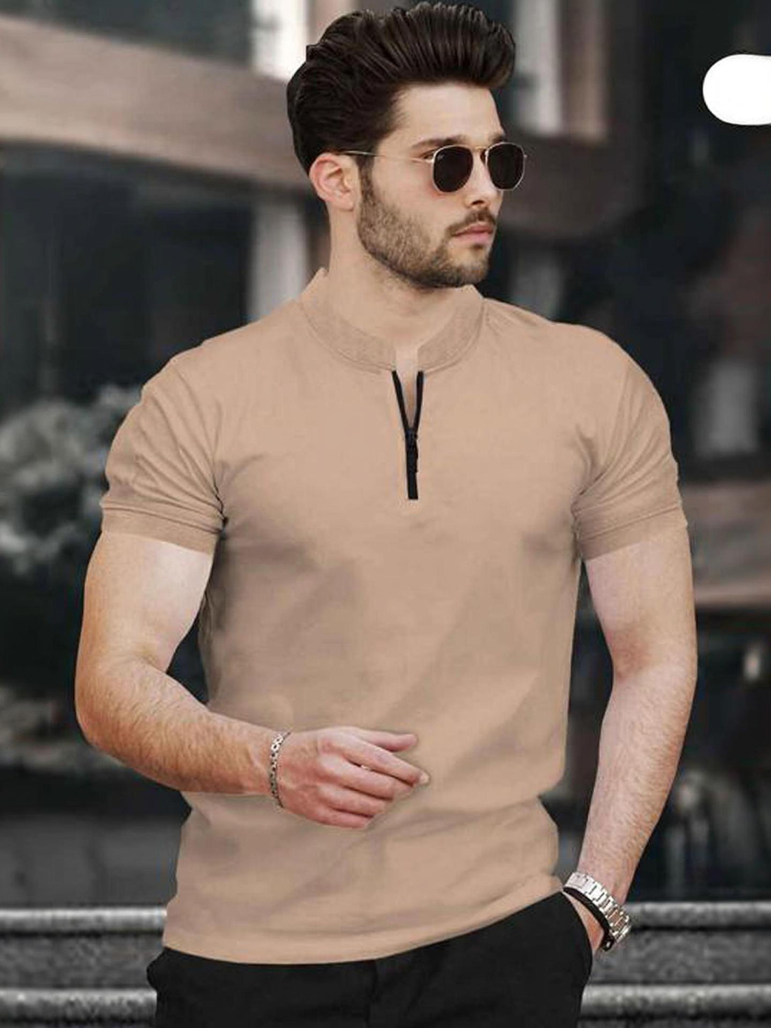 NVGARMENT Men Beige Zip Neck Polyester T-Shirt - Image 1