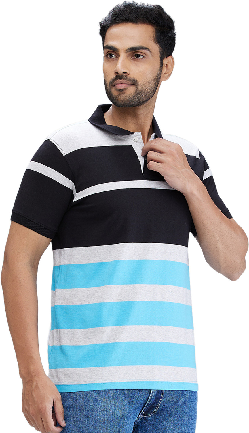 Image of PARX Men Striped Polo Neck Pure Cotton Blue T-Shirt