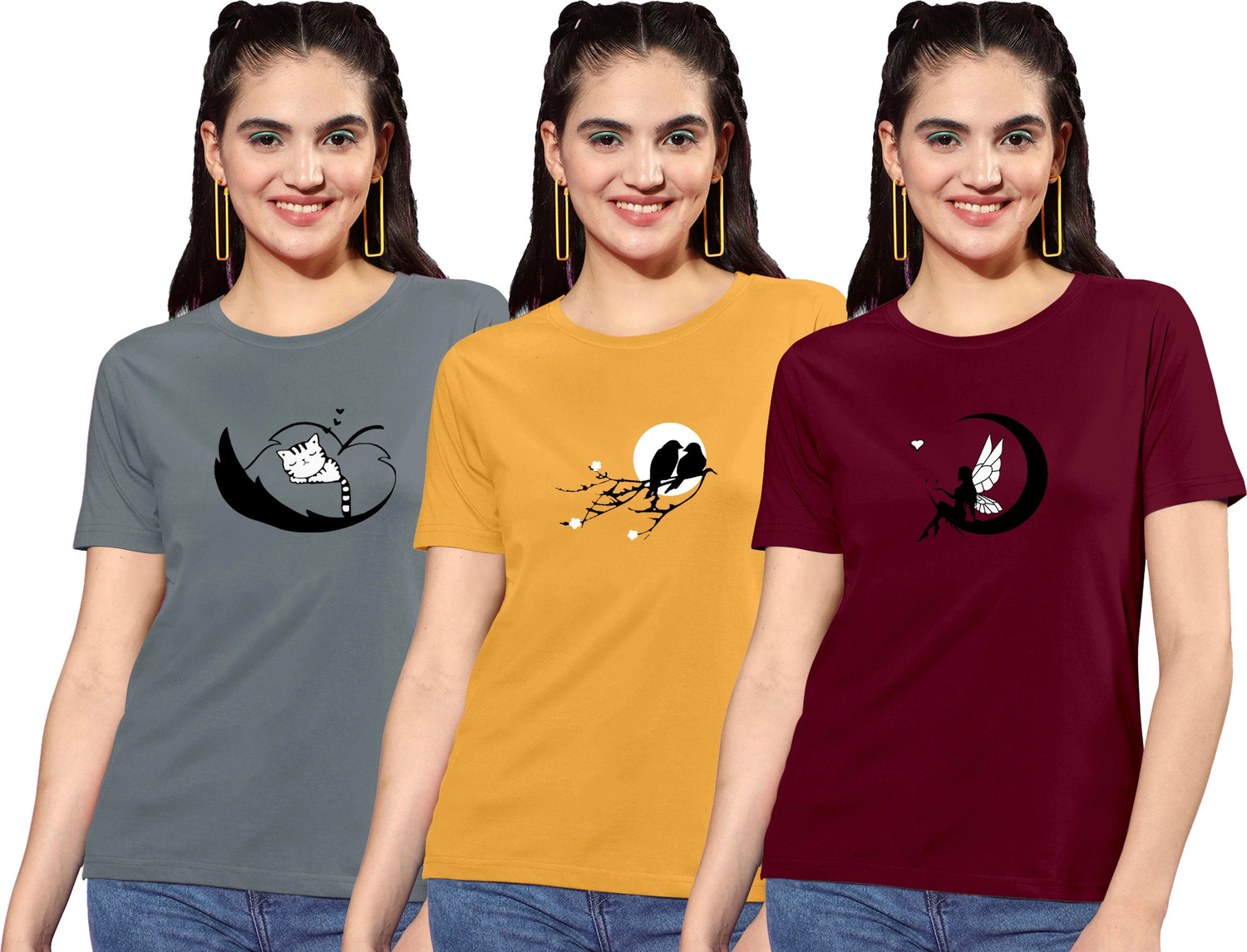 Image of ZentWorld Pack of 3 Women Printed Round Neck Cotton Blend Multicolor T-Shirt