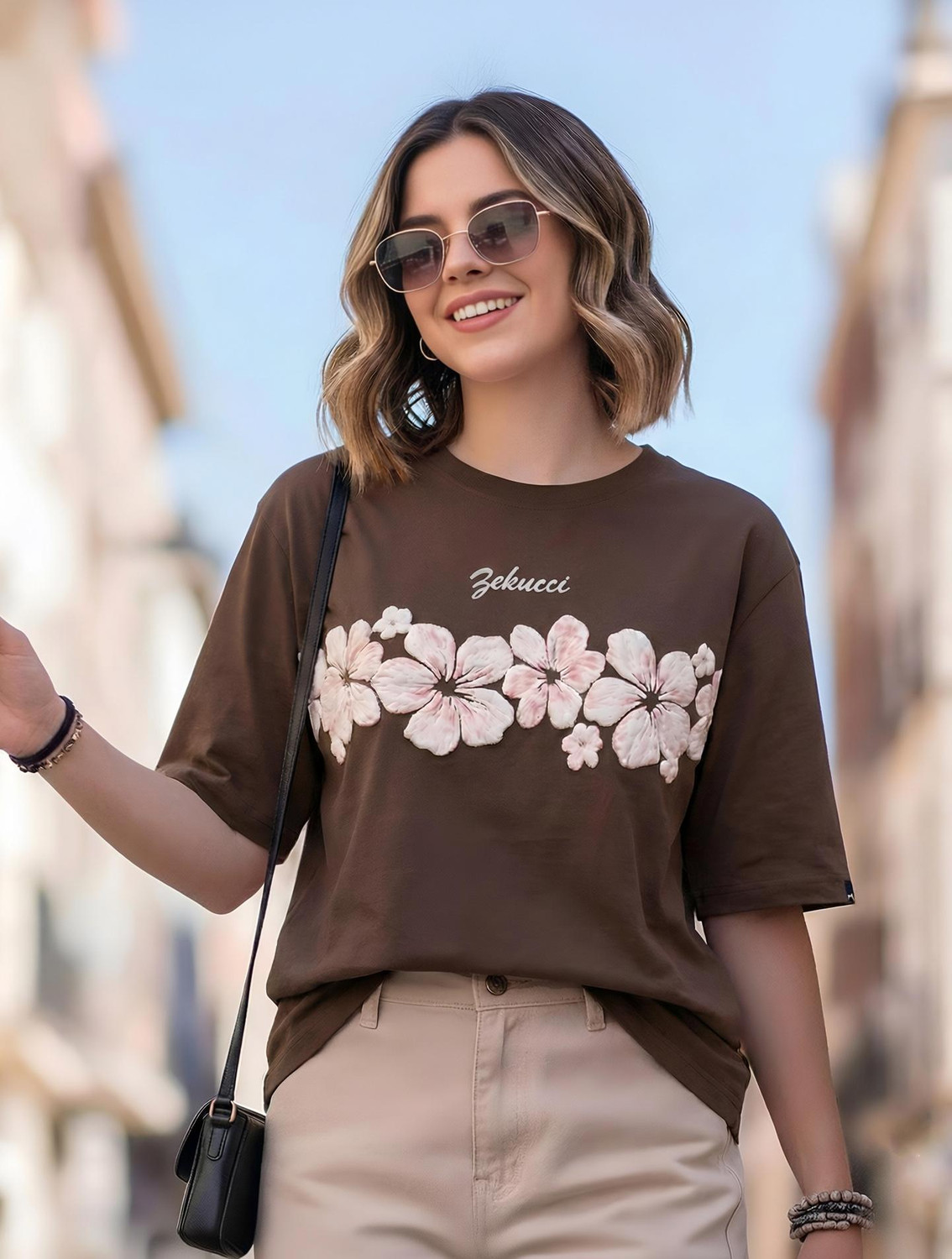 Image of Deklook Women Printed Round Neck Pure Cotton Brown T-Shirt