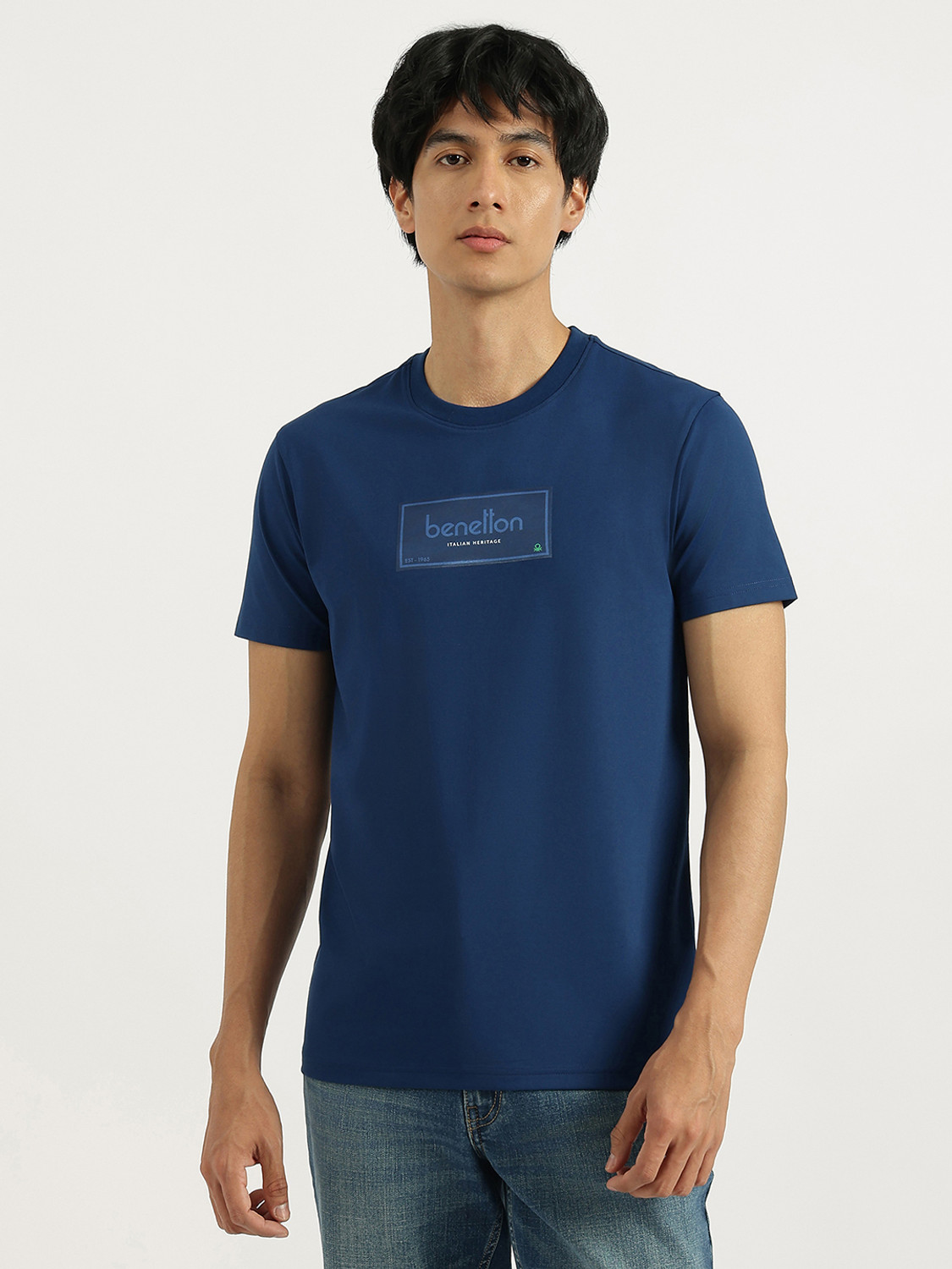 Image of United Colors of Benetton Men Solid High Neck Pure Cotton Navy Blue T-Shirt
