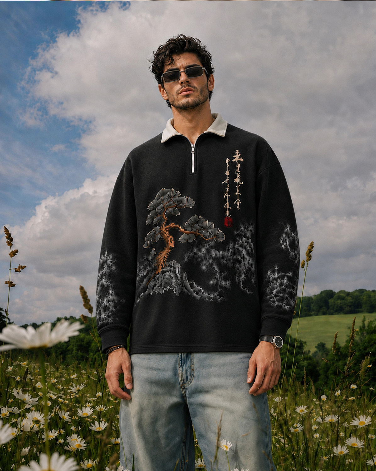 Image of TRIPR Men Solid Mandarin Collar Cotton Blend Dark Green T-Shirt