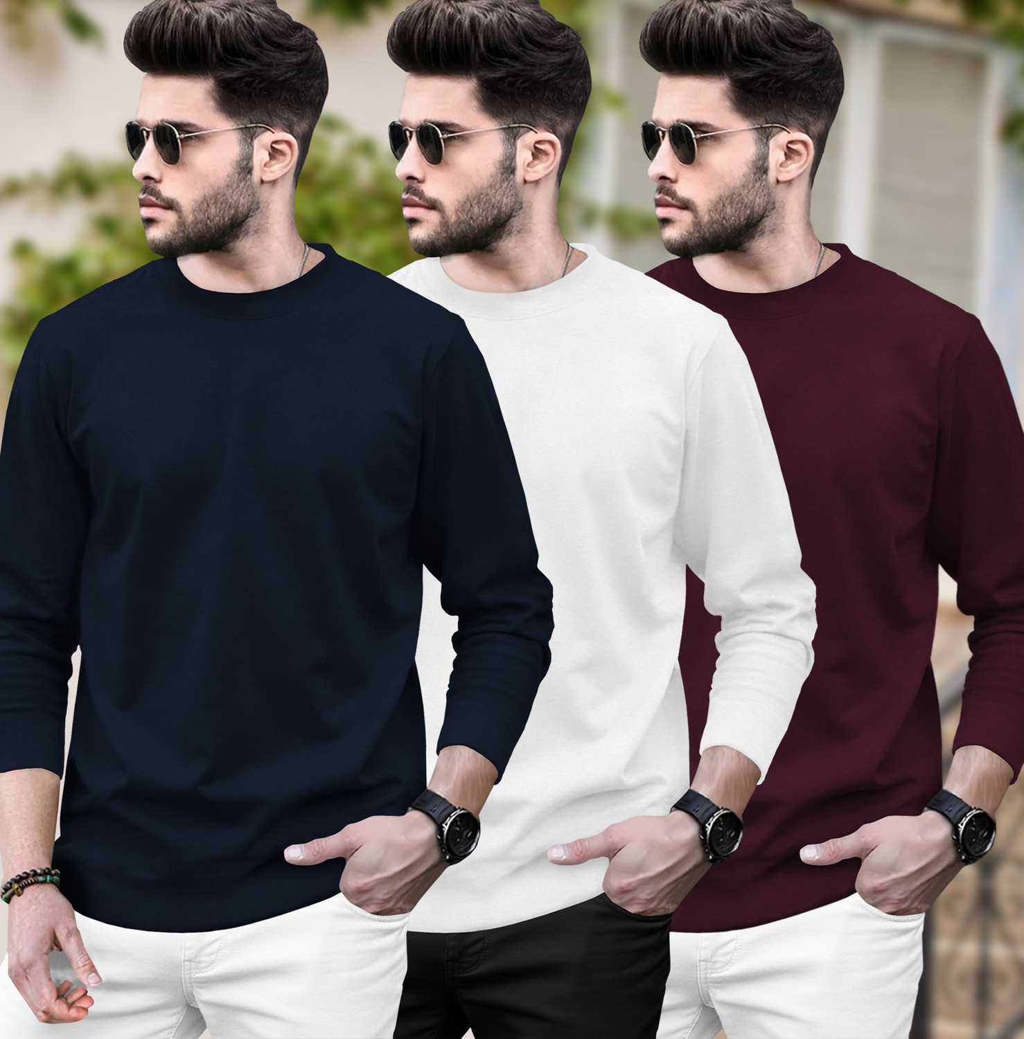 Image of BLIVE Men Printed Hooded Neck Cotton Blend Navy Blue, Red T-Shirt