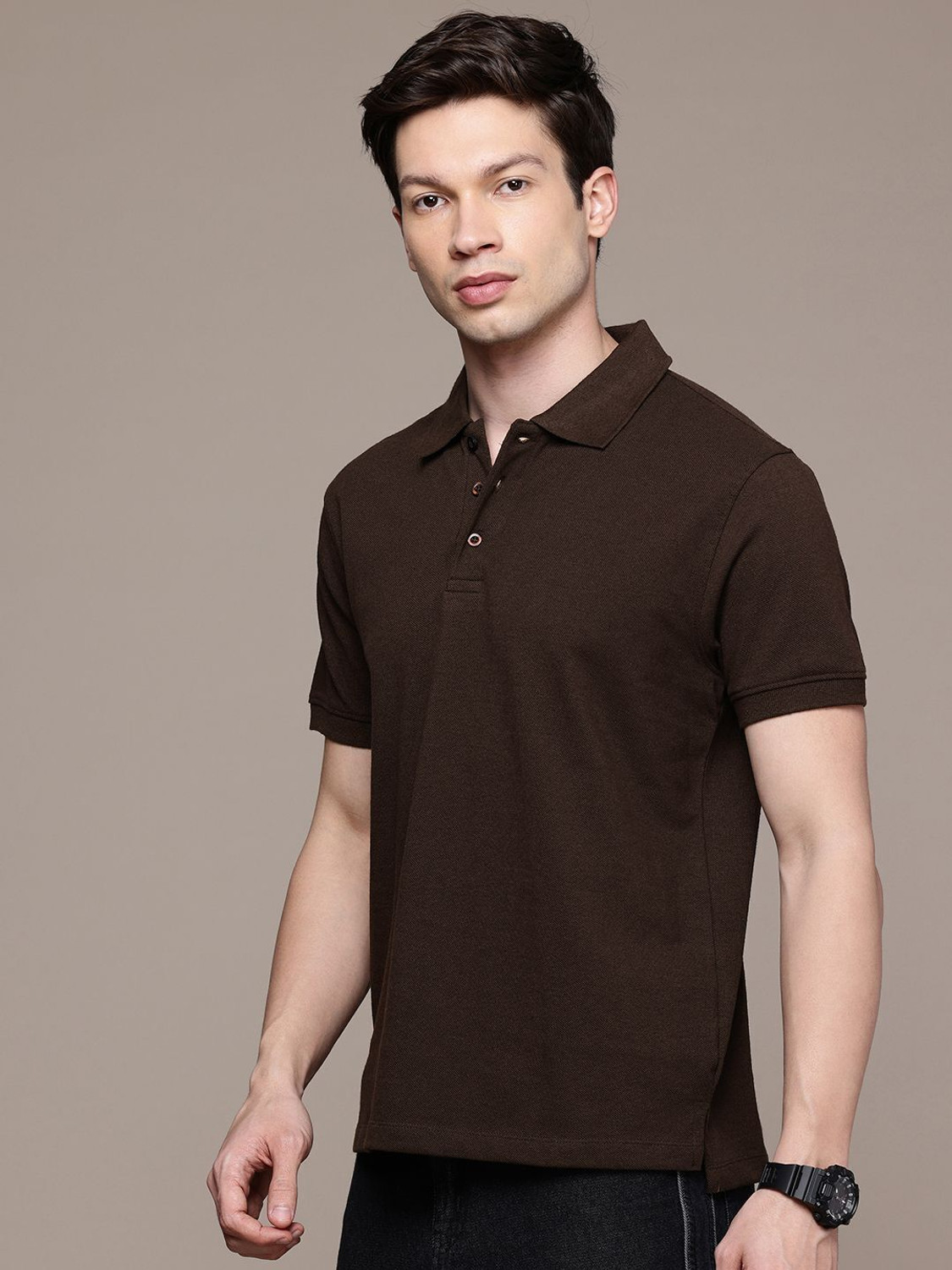 Image of Amaran Men Printed Polo Neck Pure Cotton Black T-Shirt