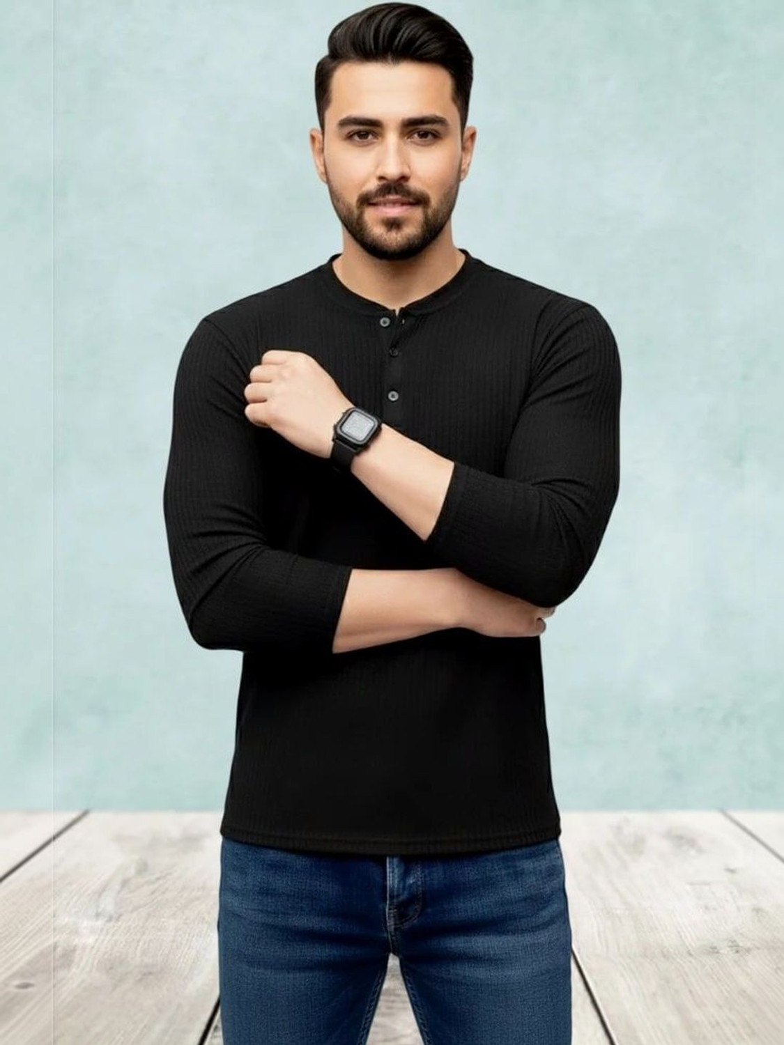 Image of Pellitory Men Solid Henley Neck Cotton Blend Black T-Shirt