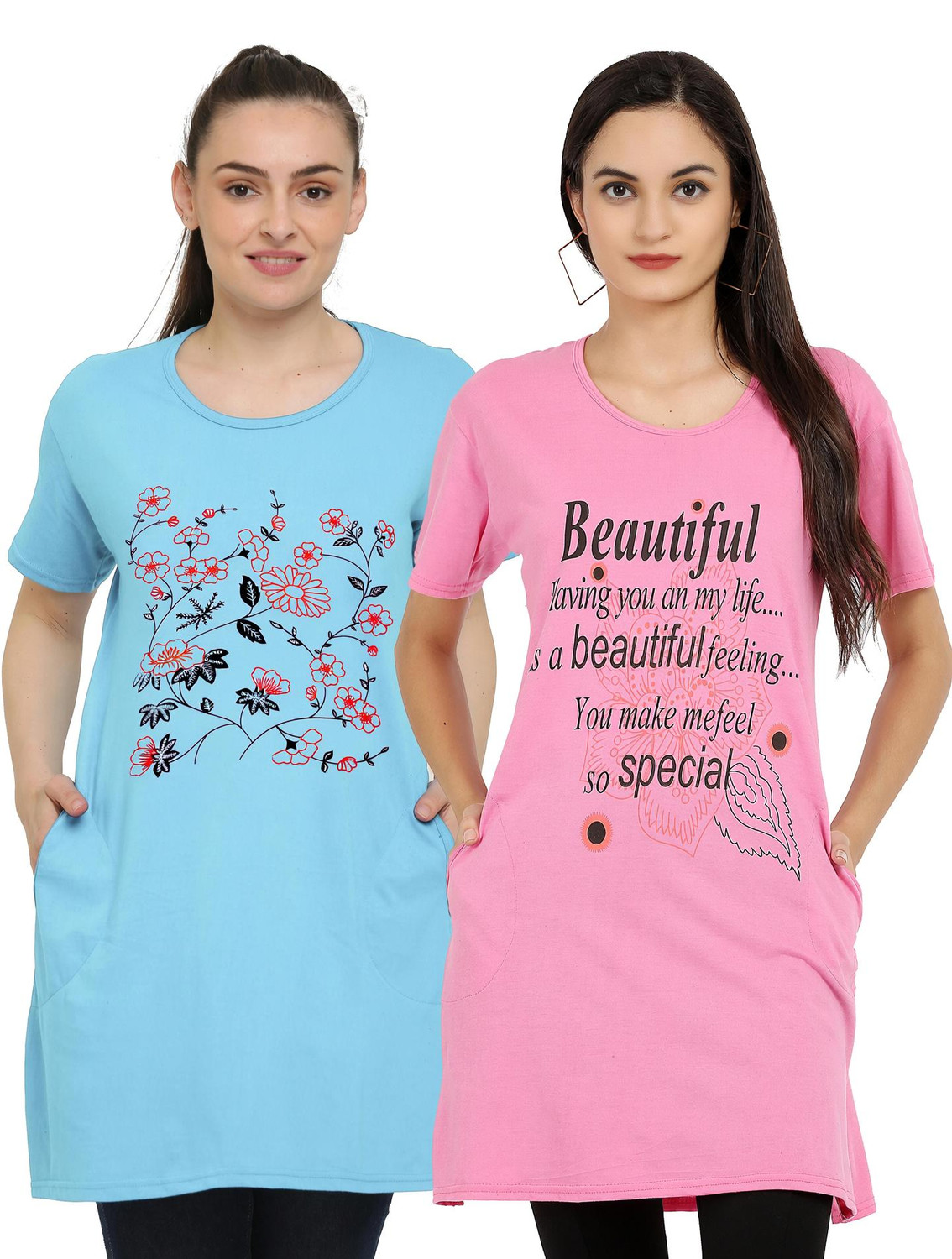 Image of URBE-URBAN EVOLUTION Pack of 2 Women Printed Round Neck Cotton Blend Green T-Shirt