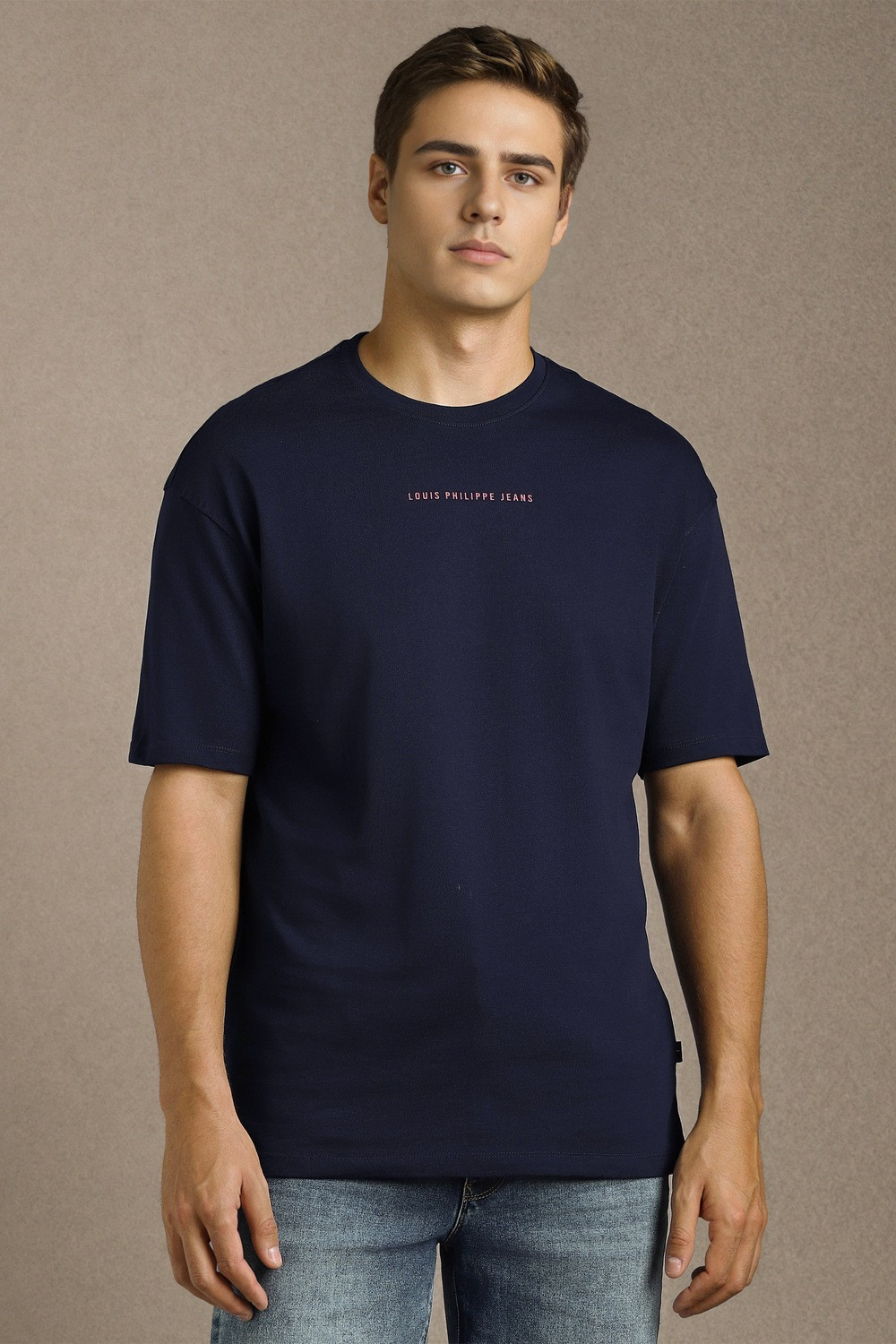 Image of United Colors of Benetton Men Solid High Neck Pure Cotton Navy Blue T-Shirt