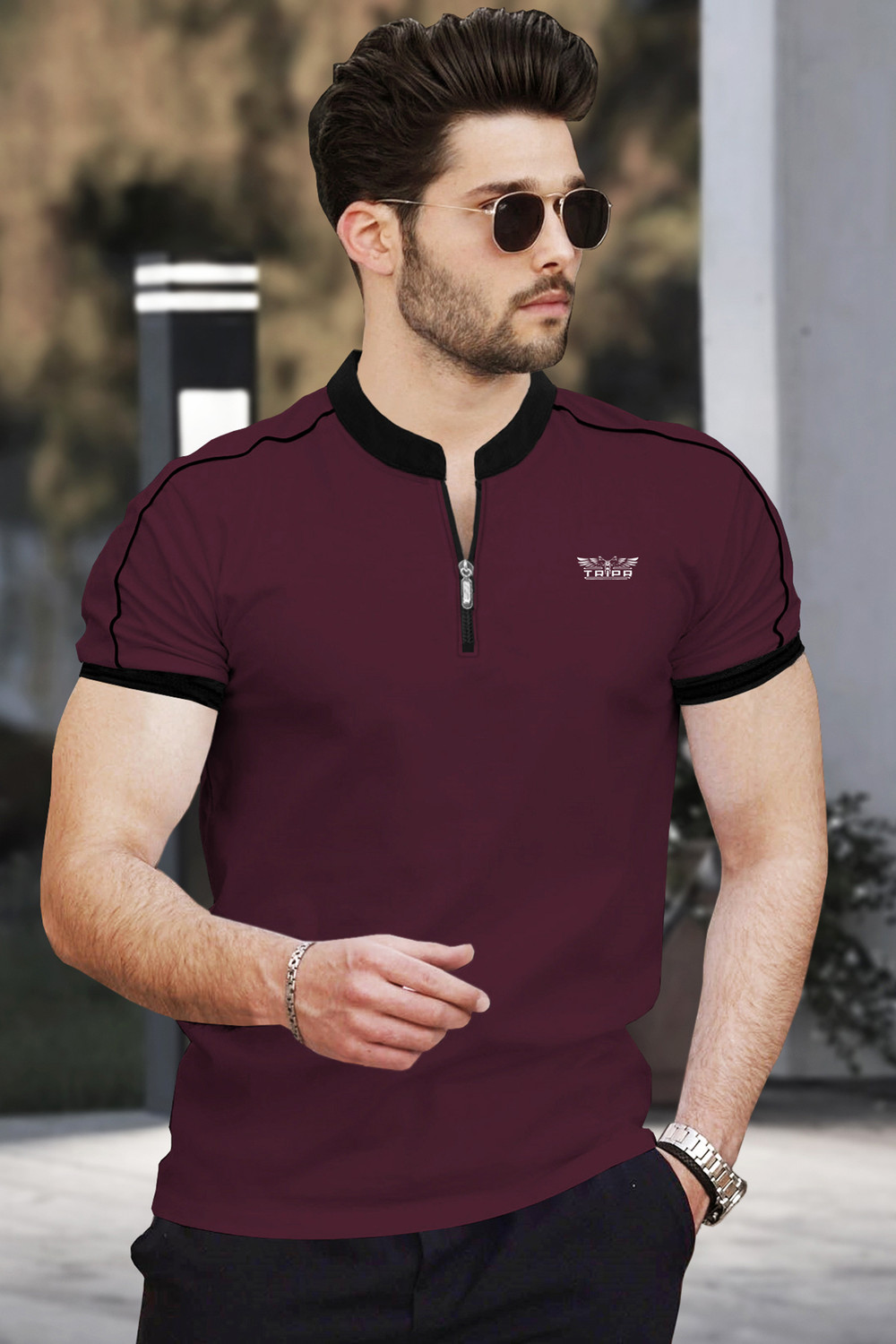 Image of TRIPR Men Solid Mandarin Collar Cotton Blend Green T-Shirt