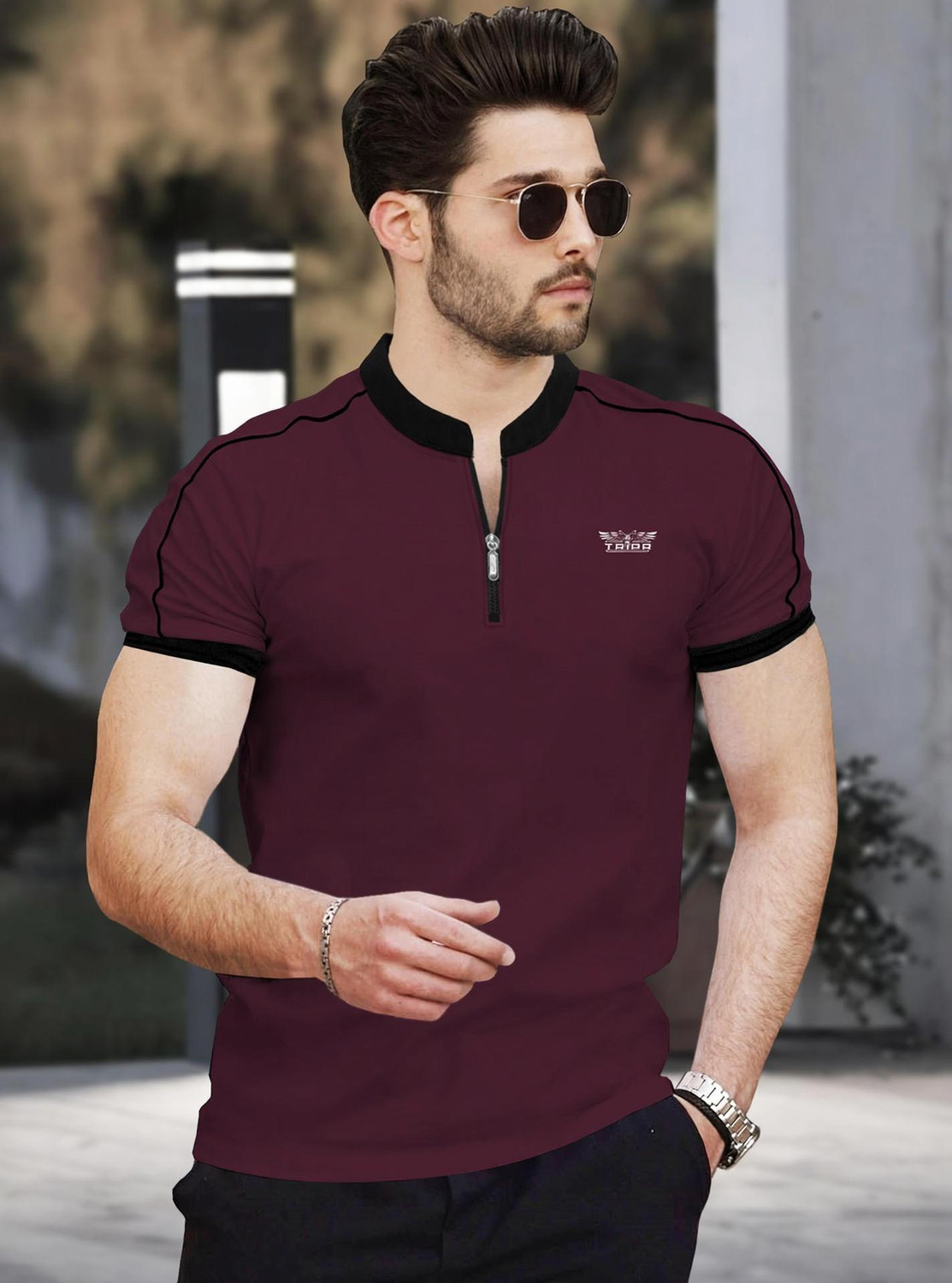 Image of TRIPR Men Solid Mandarin Collar Cotton Blend Grey T-Shirt