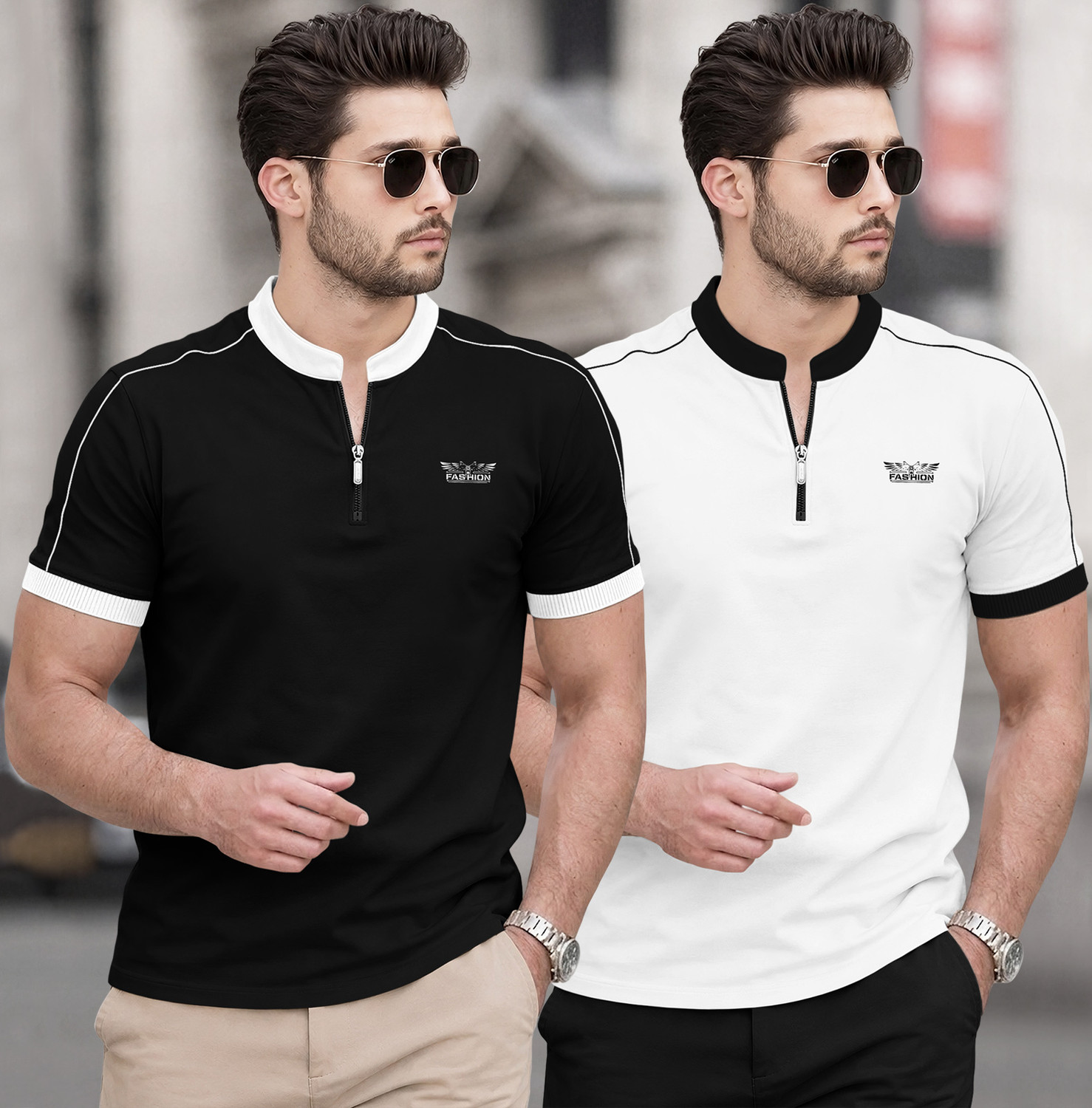 Image of TRIPR Men Solid Mandarin Collar Cotton Blend Grey T-Shirt