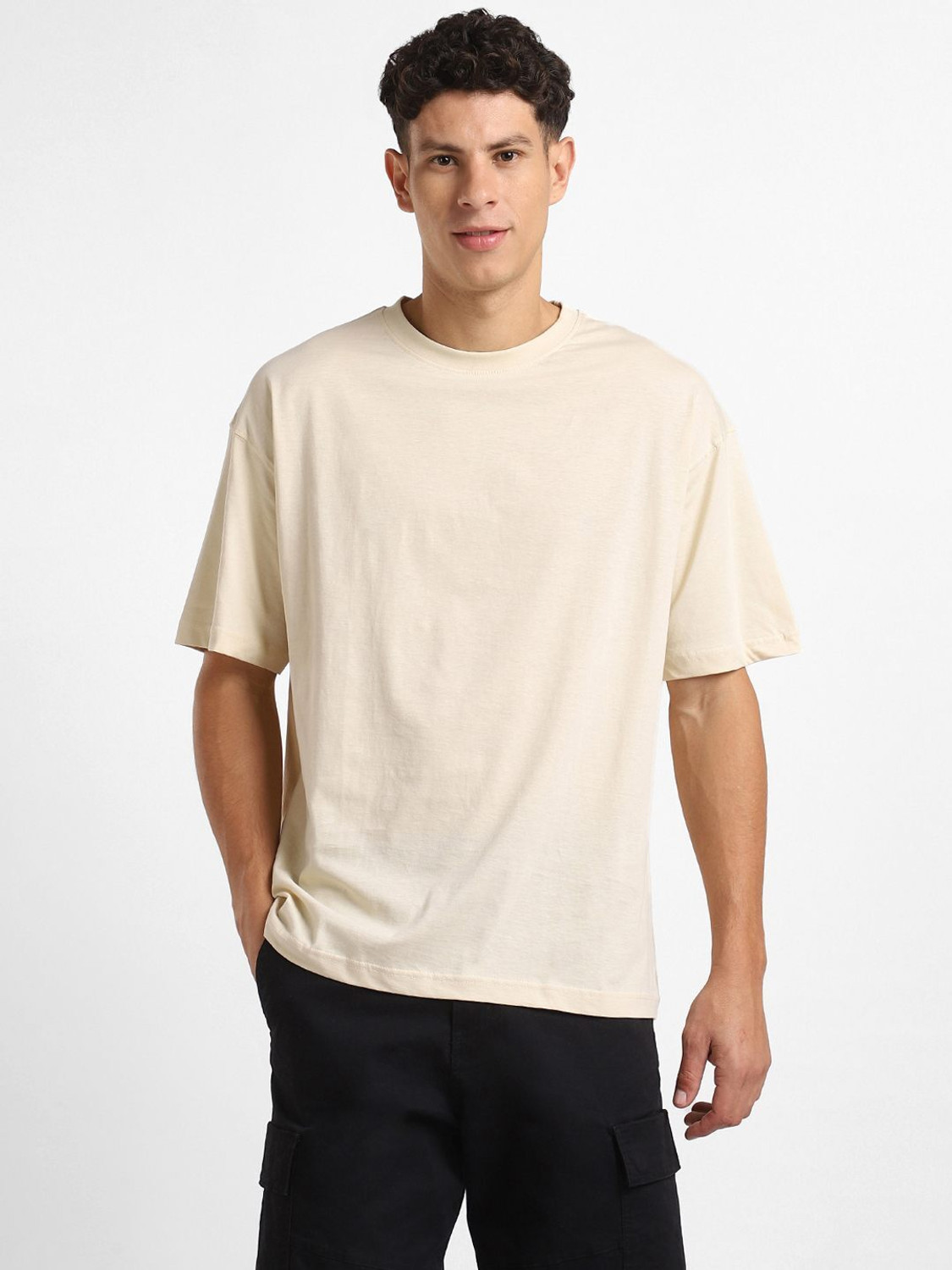 Image of NOBERO Men Graphic Print Crew Neck Pure Cotton Beige T-Shirt