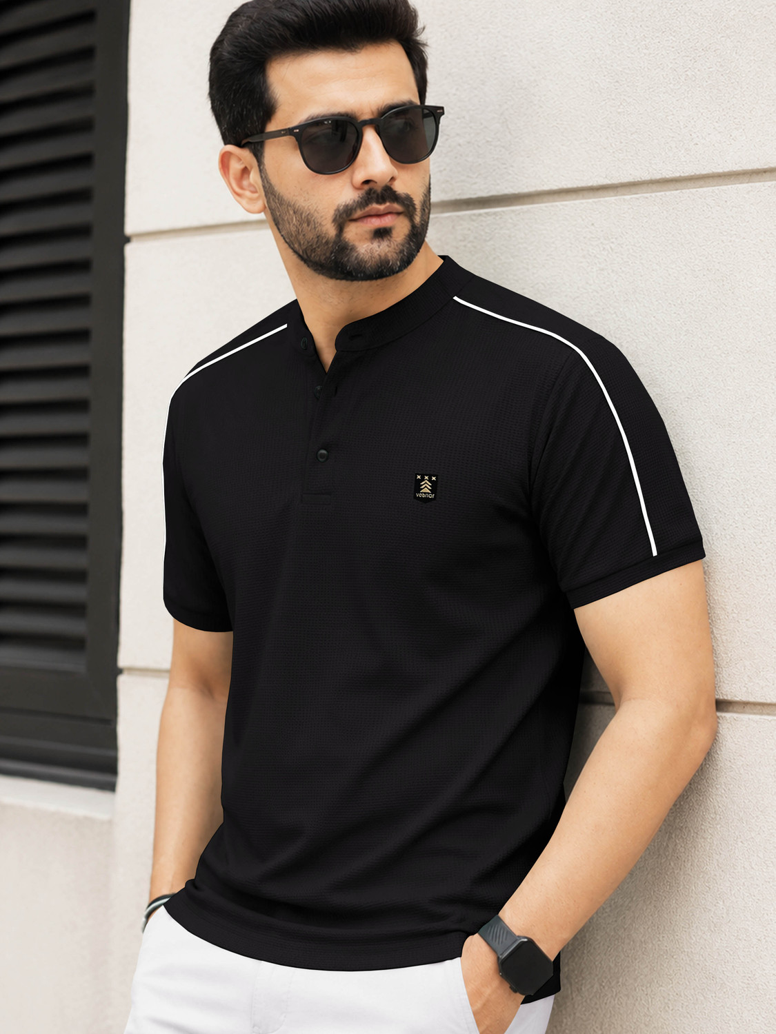 Image of TRIPR Men Solid Mandarin Collar Cotton Blend White T-Shirt