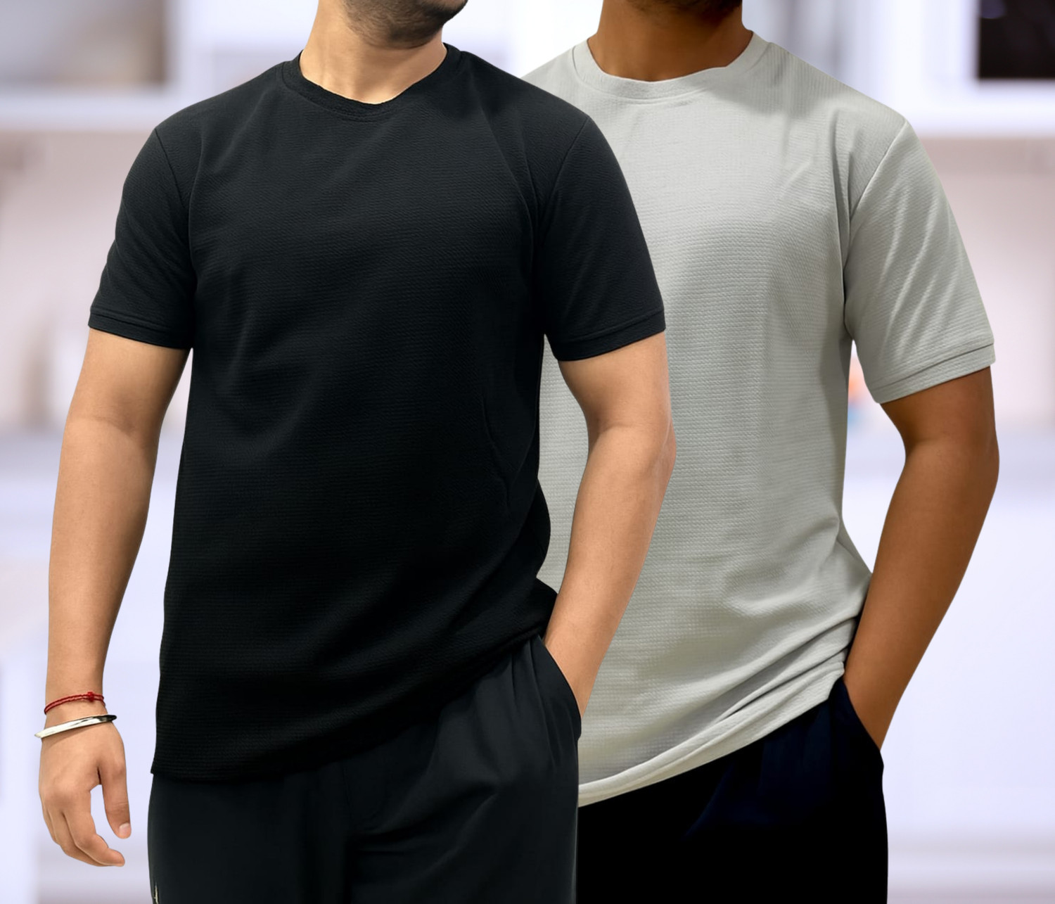 Image of LAVRON Pack of 2 Men Solid Crew Neck Cotton Blend Black, Grey T-Shirt