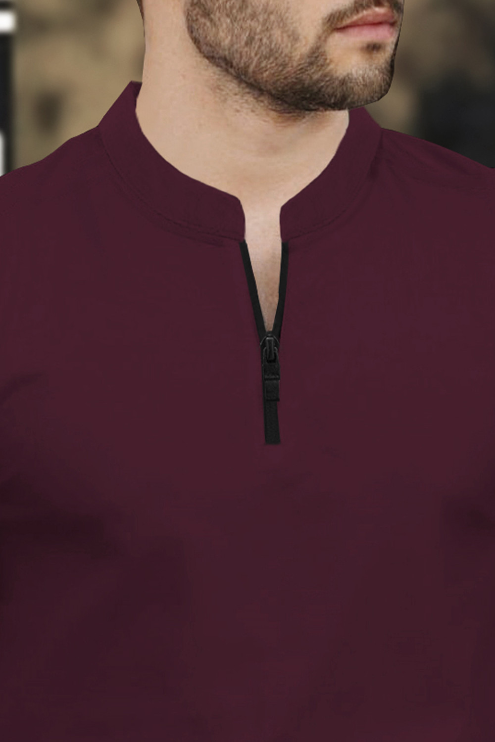Image of TRIPR Men Solid Mandarin Collar Cotton Blend Maroon T-Shirt