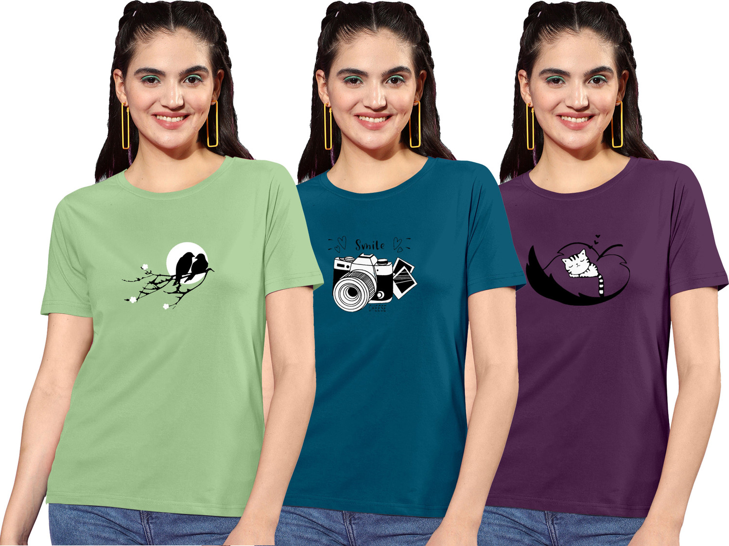 Image of ZentWorld Pack of 3 Women Printed Round Neck Cotton Blend Multicolor T-Shirt