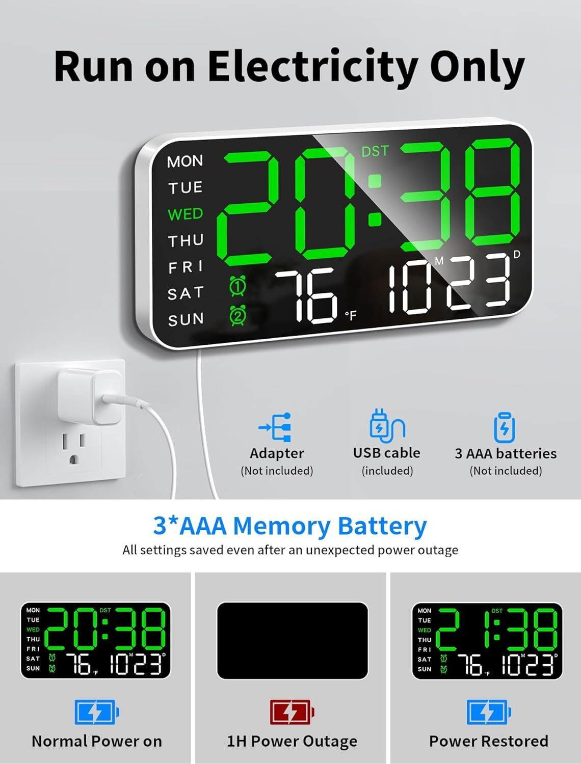 Image of DHAVJ Digital Black (with Green LED Display) Clock