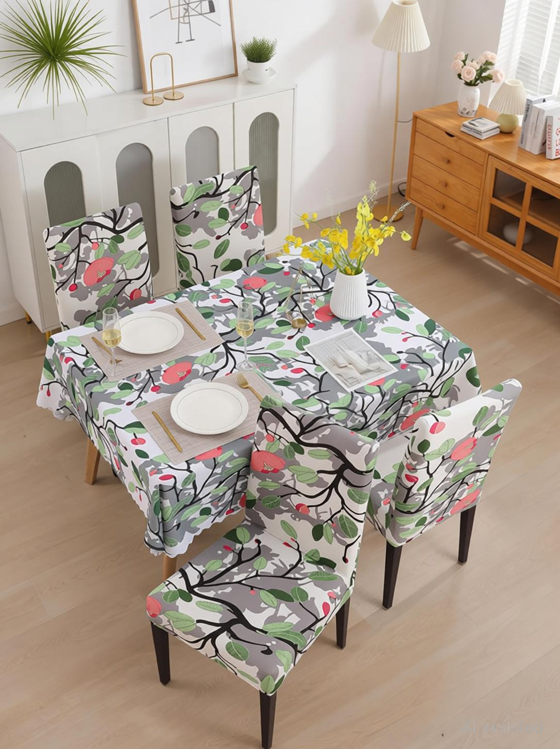 Image of GAURANG Cotton 4 Seater Printed Table Cover (White)