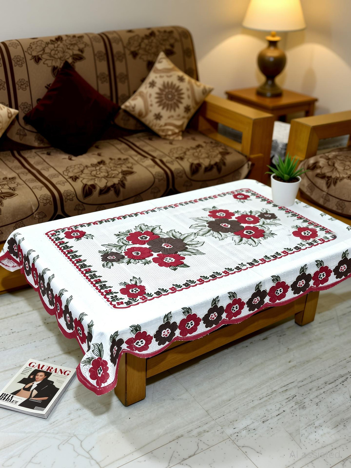 Image of GAURANG Cotton 4 Seater Printed Table Cover (White)